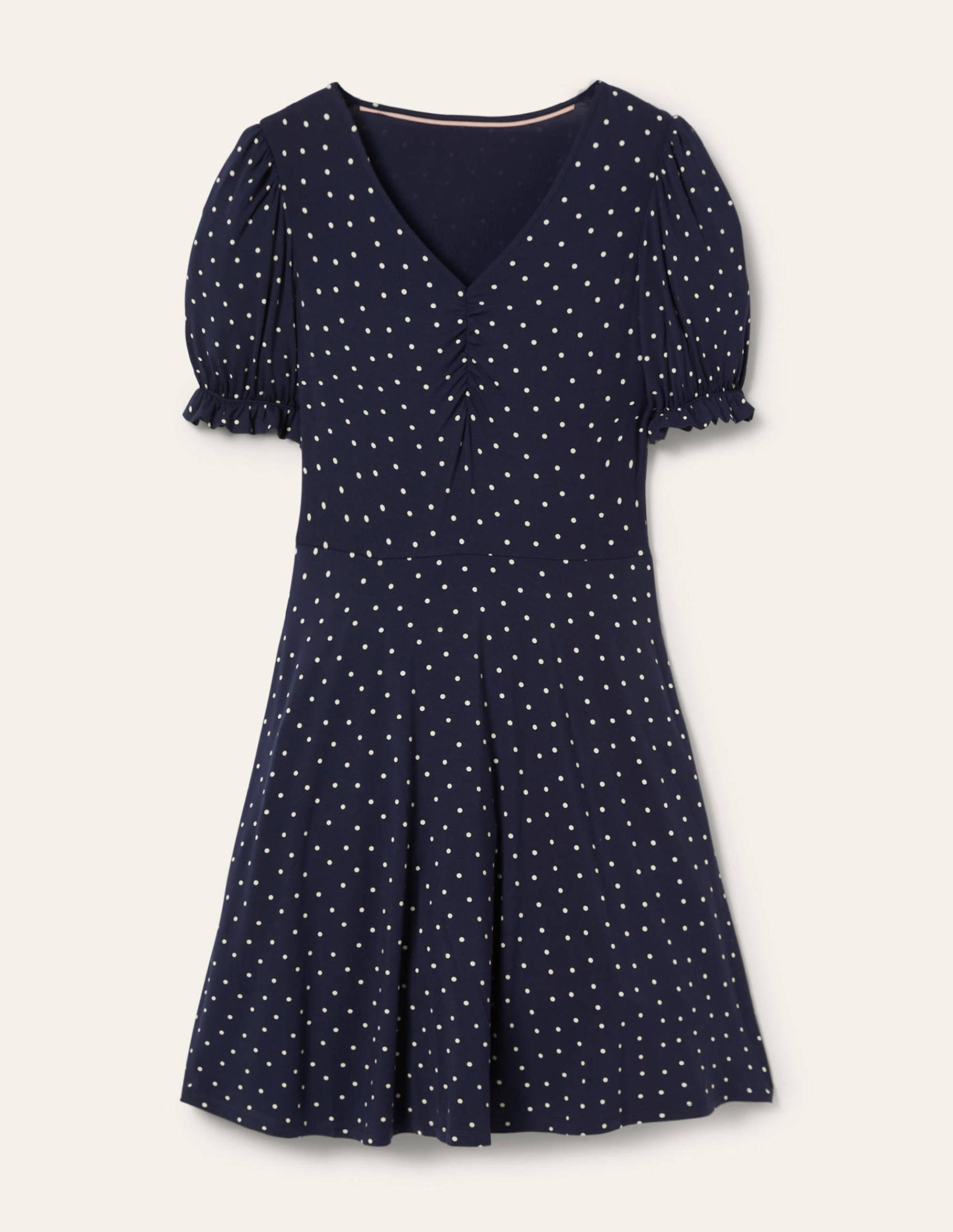 Robe col V en jersey-Bleu marine, petits pois-5