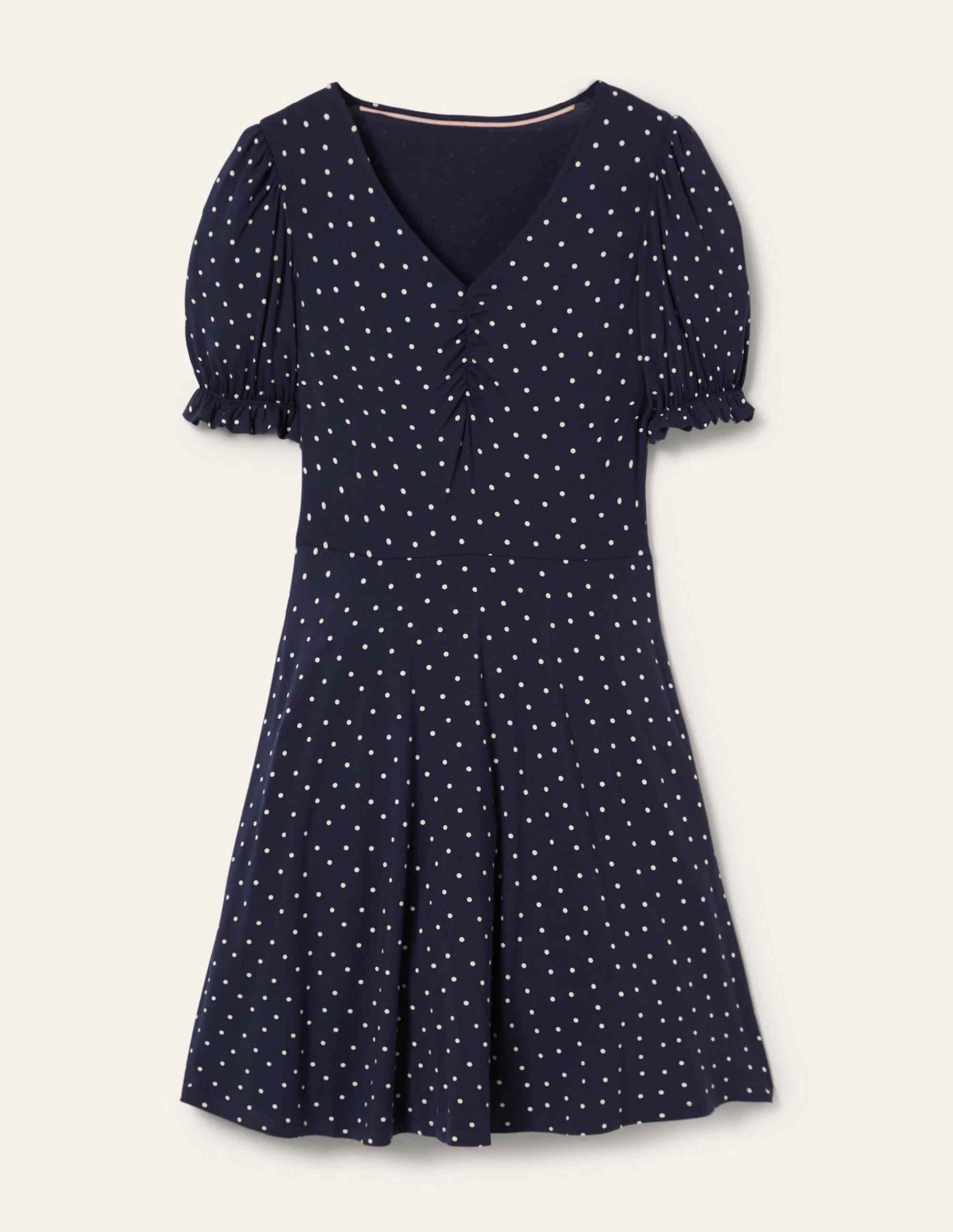 Robe col V en jersey-Bleu marine, petits pois - Image 5