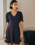 Robe col V en jersey-Bleu marine, petits pois