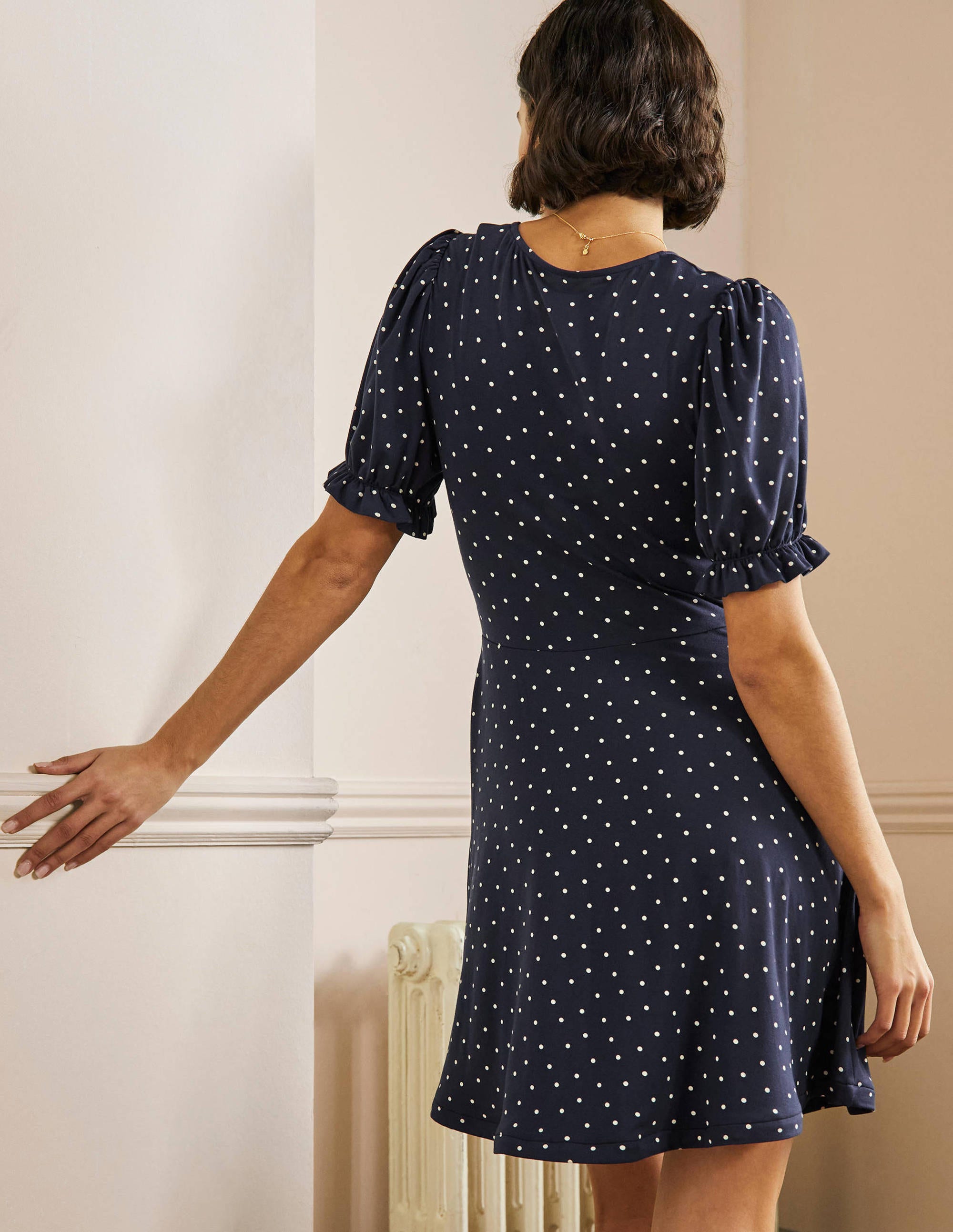 Robe col V en jersey-Bleu marine, petits pois - Image 3