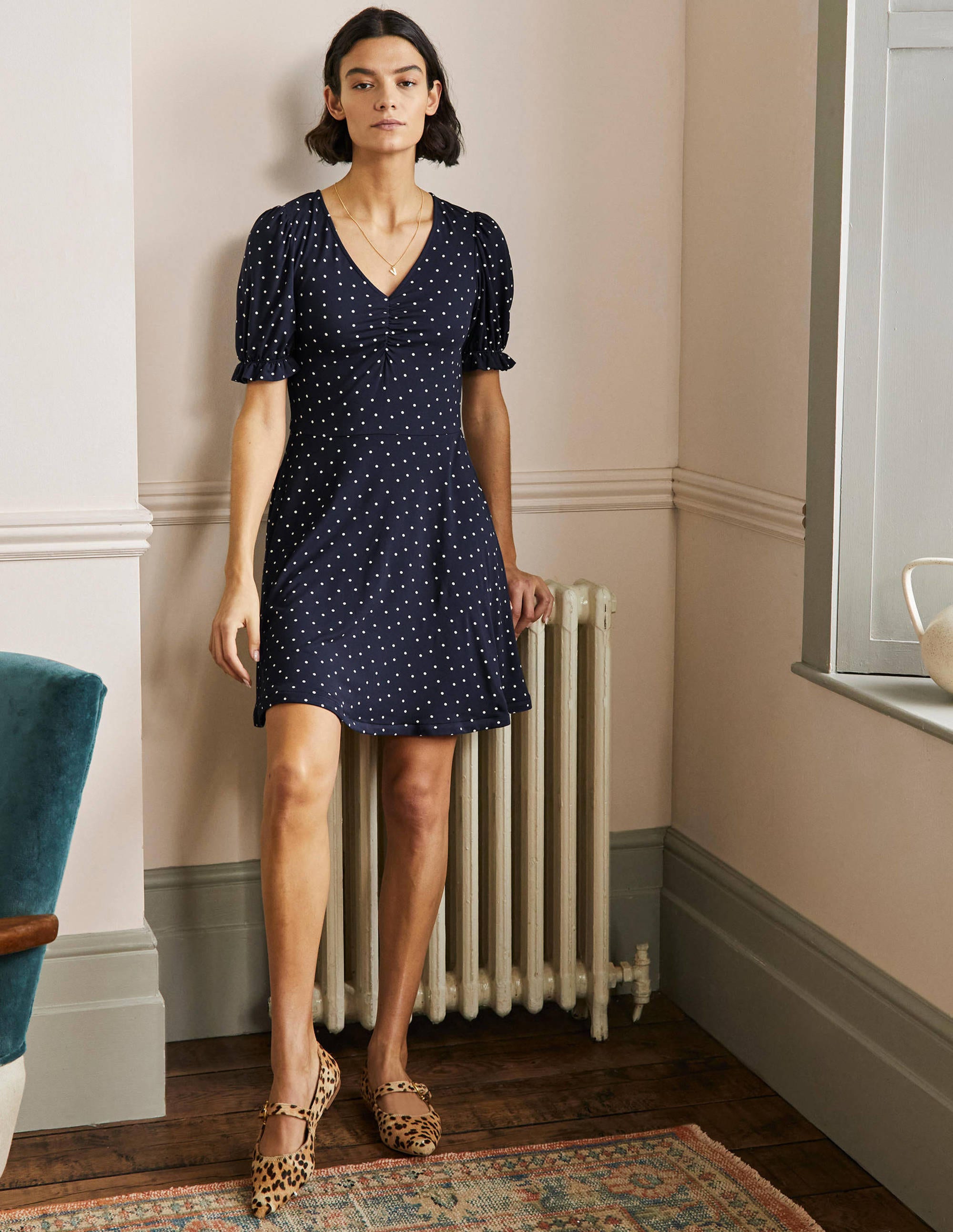 Robe col V en jersey-Bleu marine, petits pois - Image 4