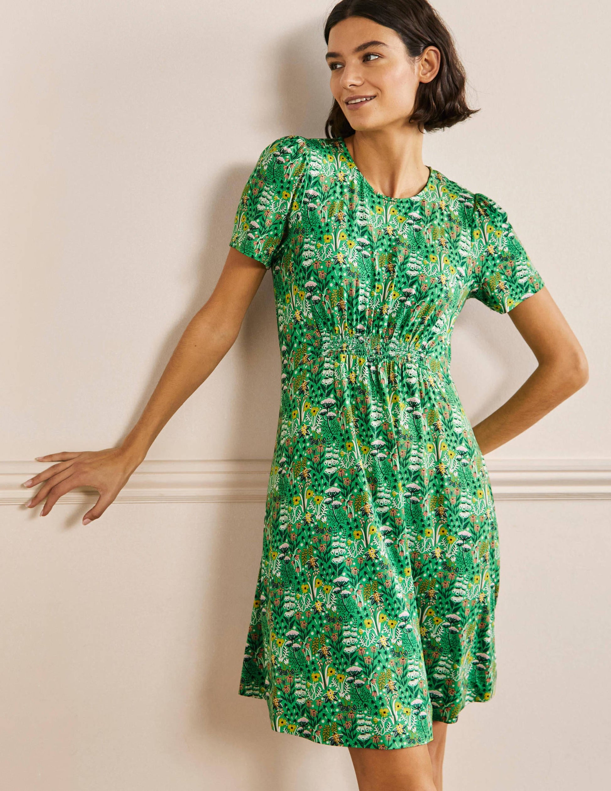 Crew Neck Jersey Dress-Rich Emerald, Wildflower Bloom-1
