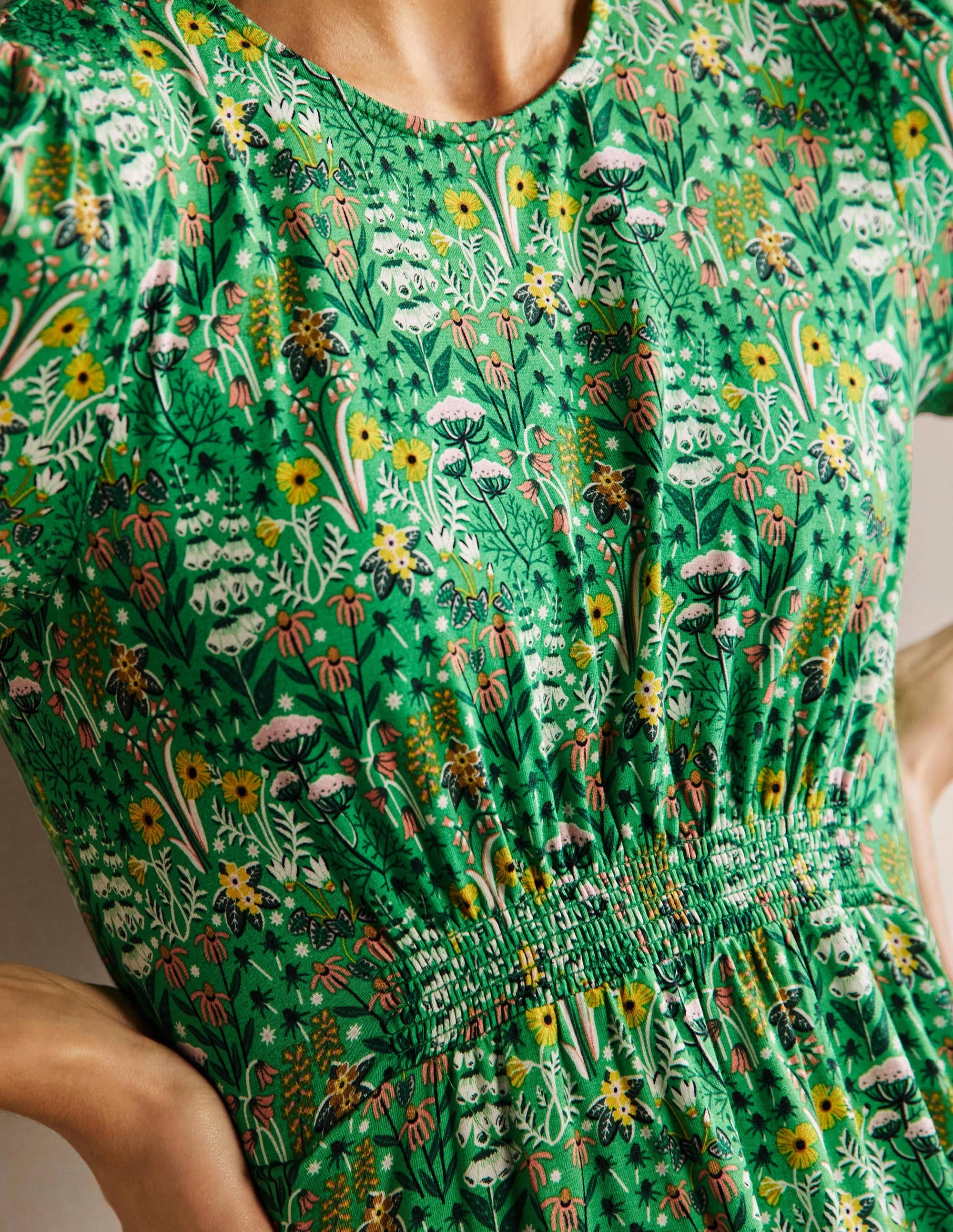 Crew Neck Jersey Dress-Rich Emerald, Wildflower Bloom - Image 2