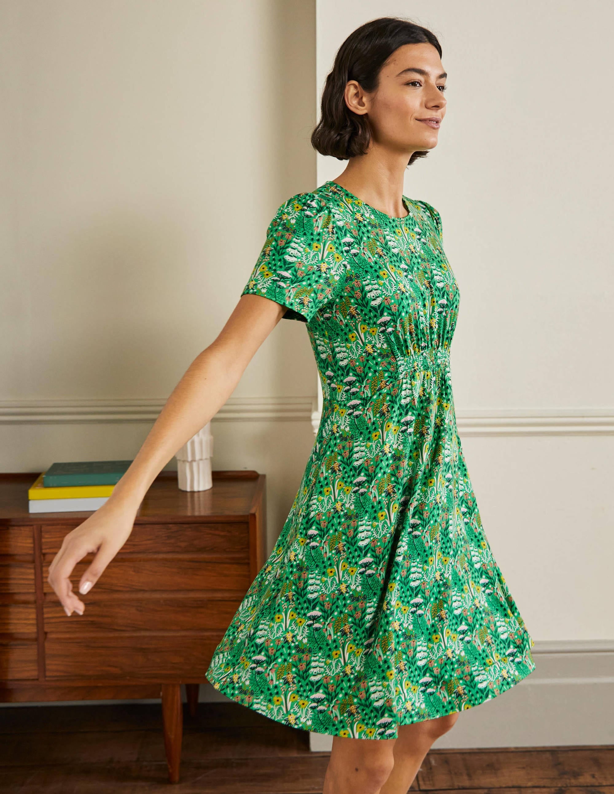 Crew Neck Jersey Dress-Rich Emerald, Wildflower Bloom - Image 4