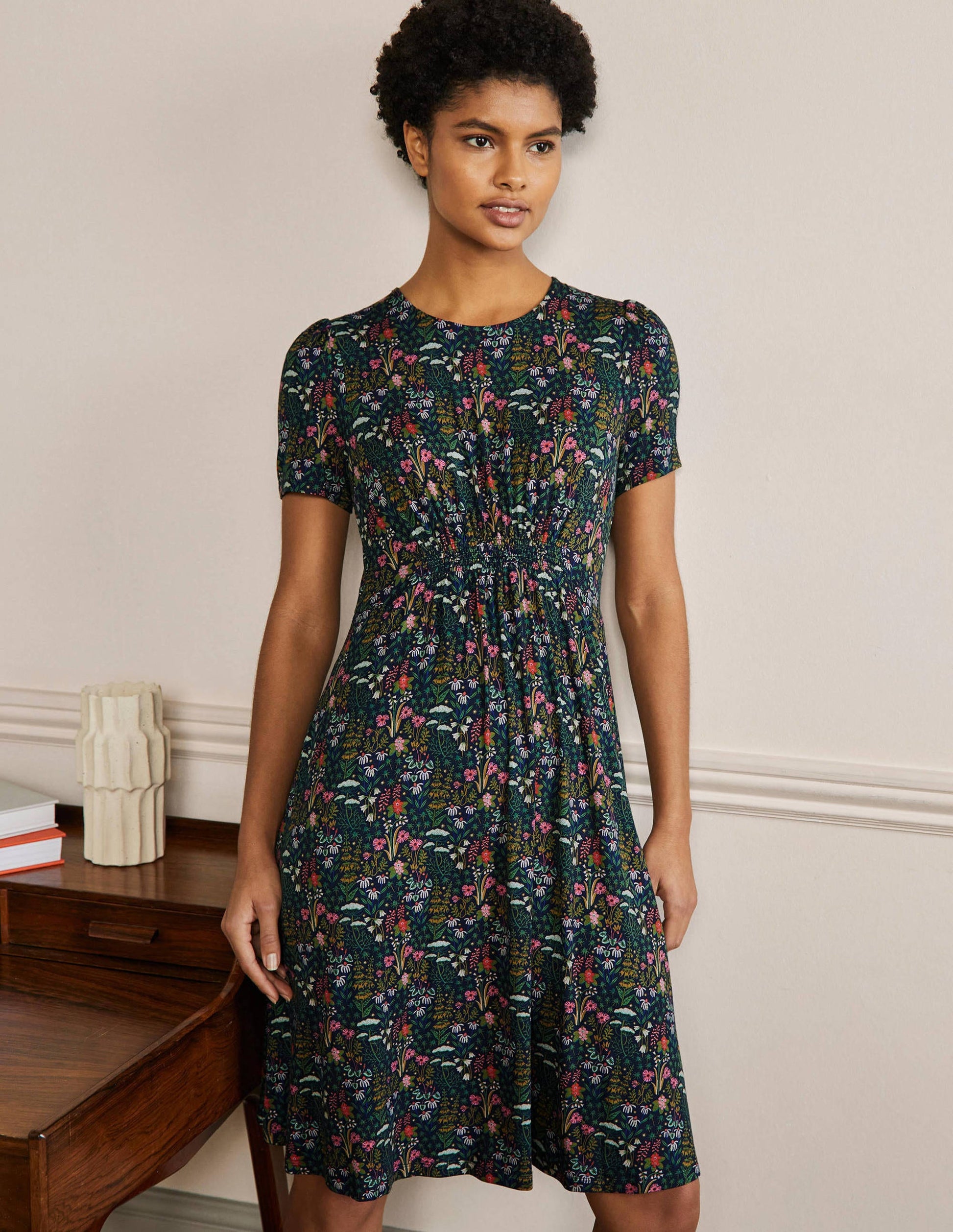 Jerseykleid mit Rundhalsausschnitt-Französisches Navy, Wildblumenblüten-4