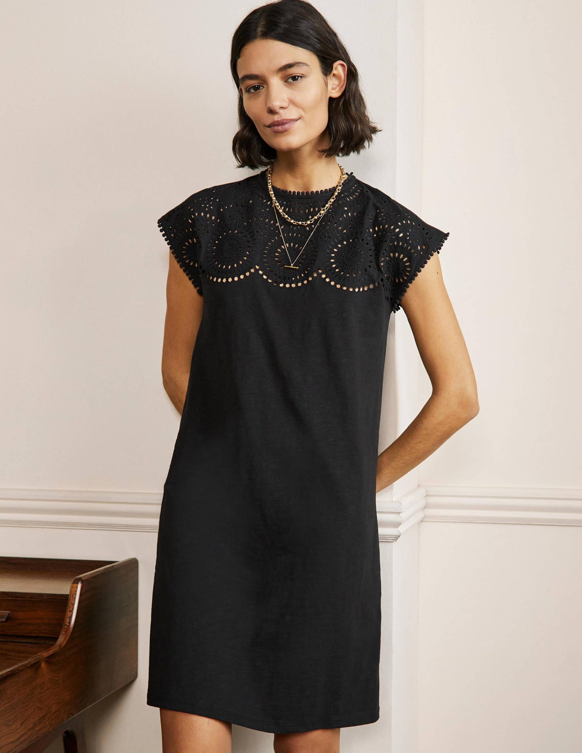 Cutwork Jersey T-shirt Dress-Black-1