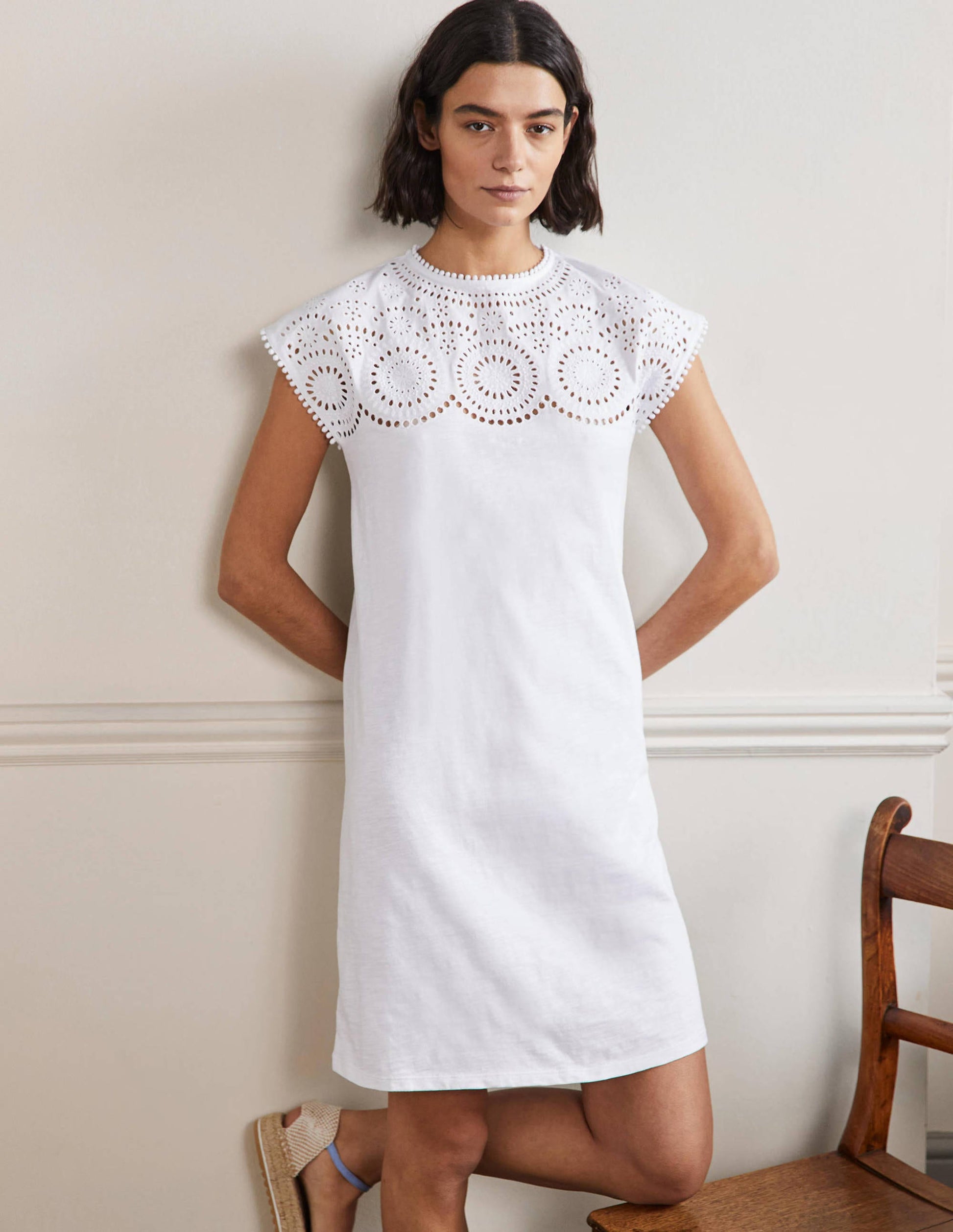 T-Shirt-Kleid aus Jersey mit Lochspitze-Weiß-1