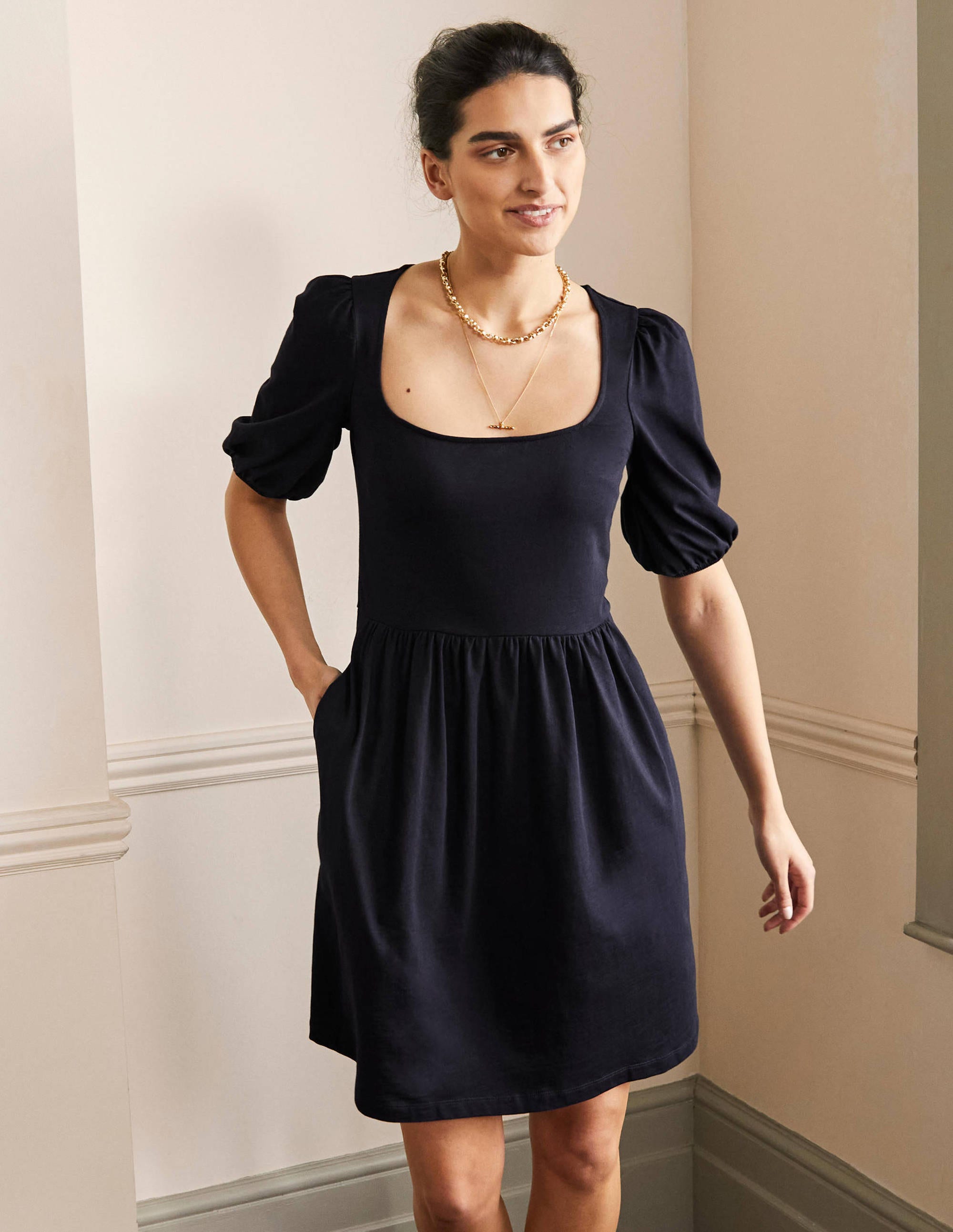 Jerseykleid mit eckigem Ausschnitt-Marineblau - Image 4