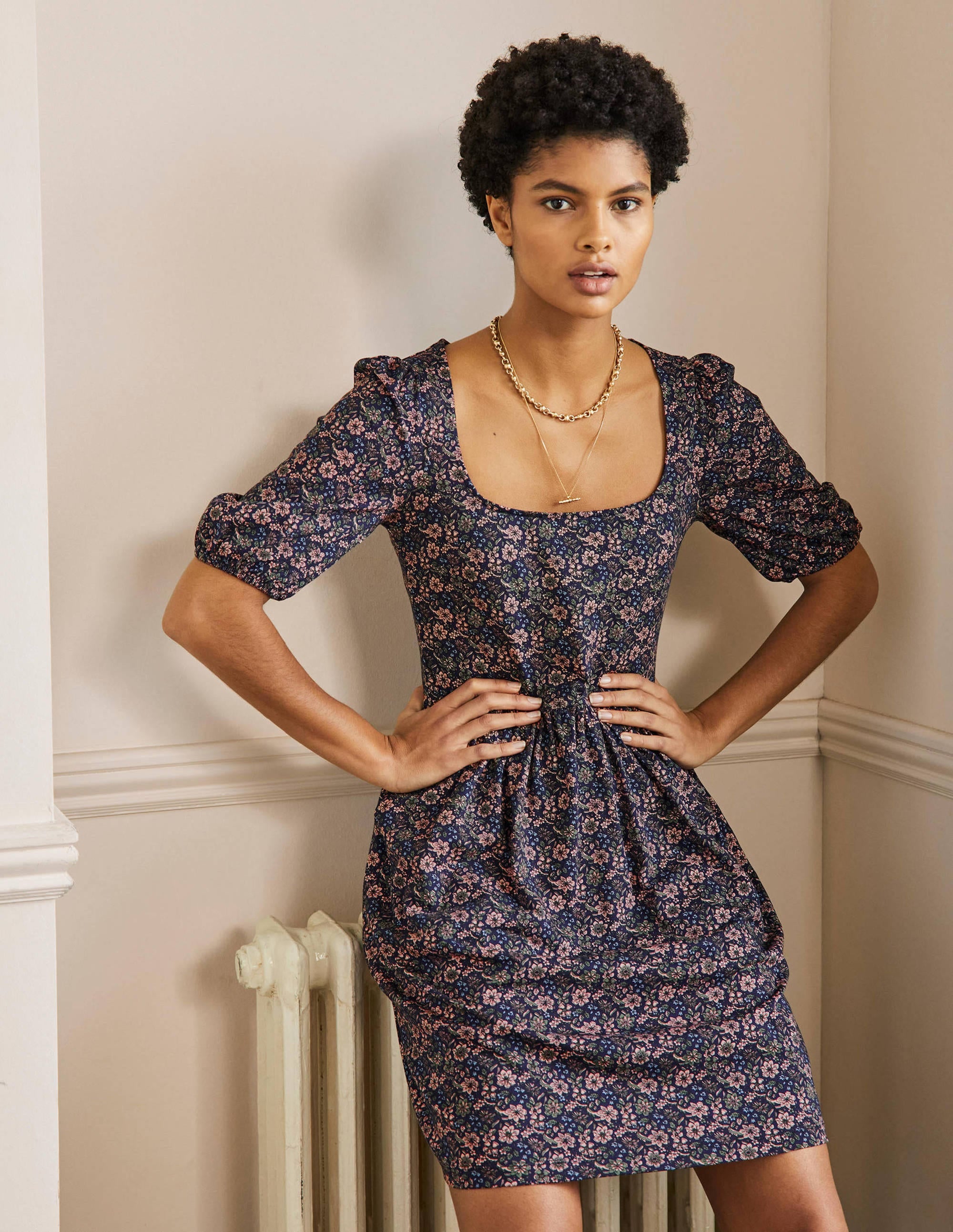 Square Neck Jersey Dress-French Navy, Floret Bloom - Image 1