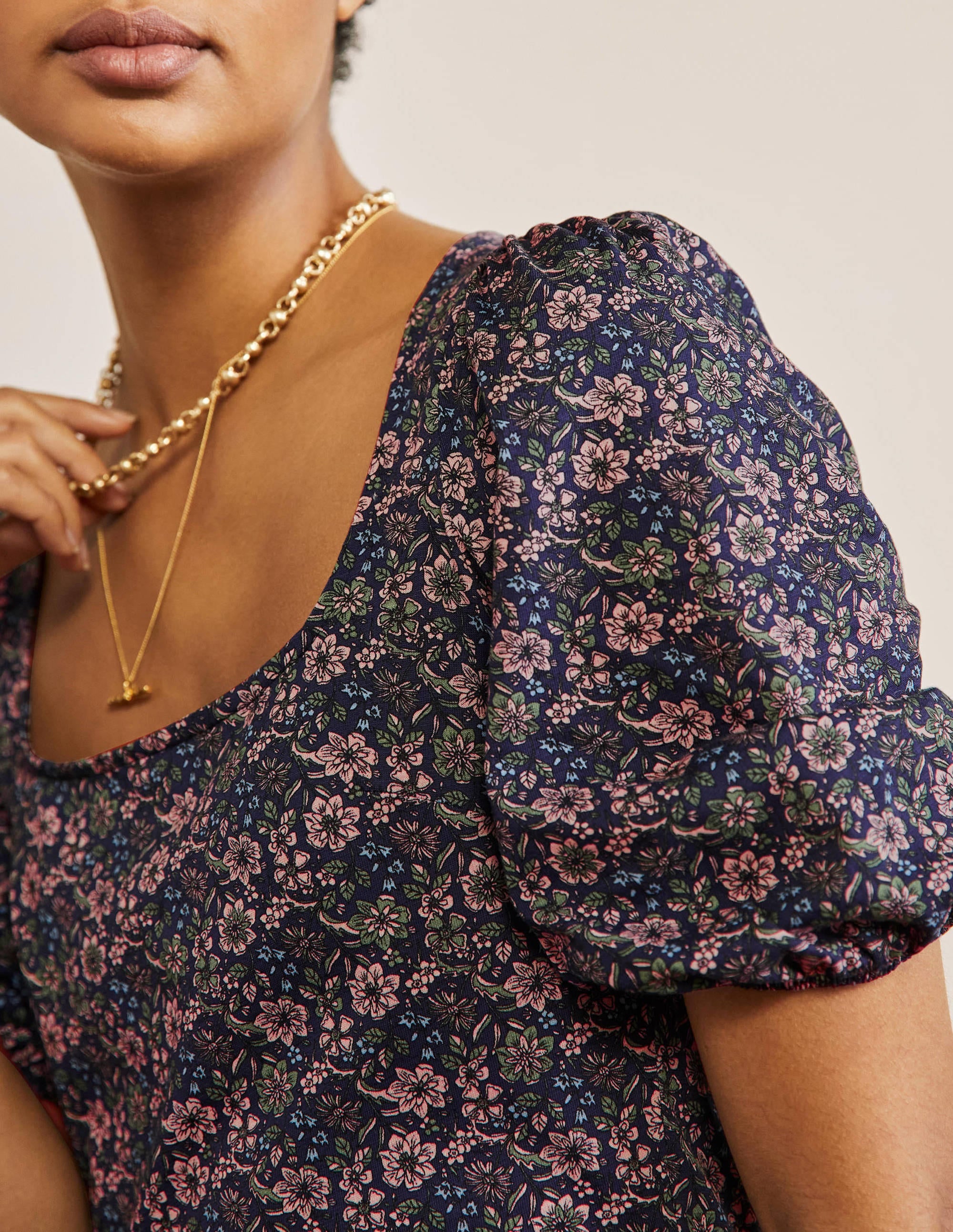 Square Neck Jersey Dress-French Navy, Floret Bloom - Image 2