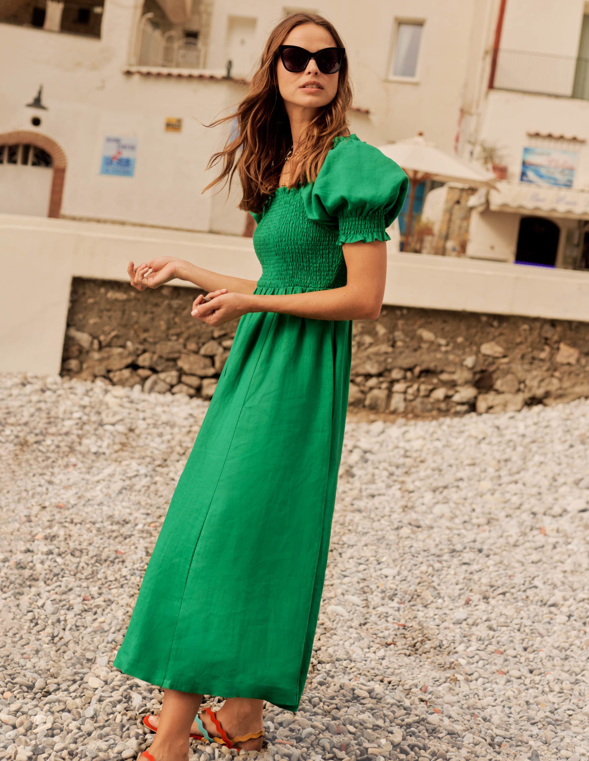 Smocked Bodice Midi Dress-Highland Green - Image 5