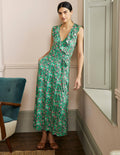 Robe portefeuille longue Saskia en jersey-Lagon vert, motif Oriental Meadow