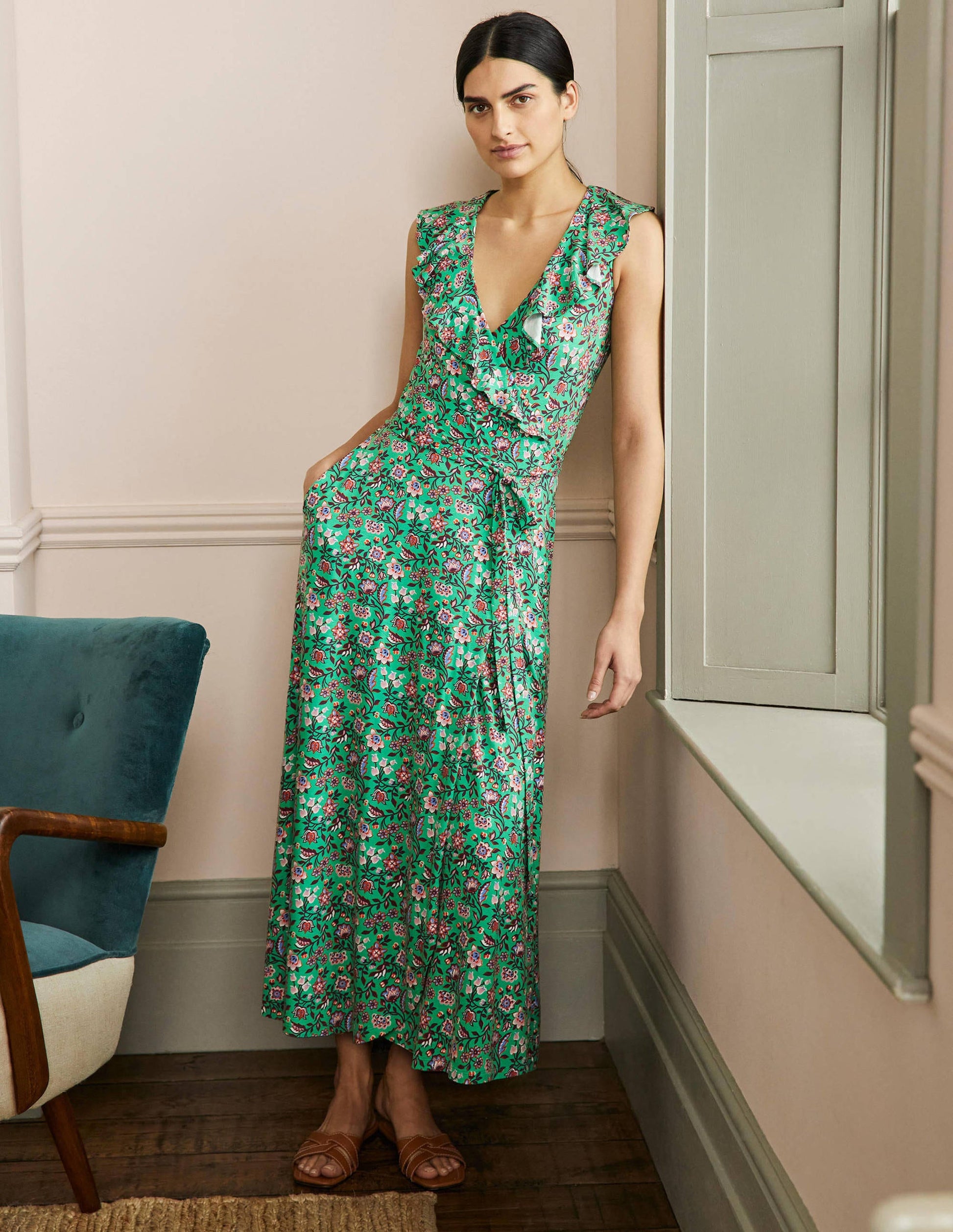 Robe portefeuille longue Saskia en jersey-Lagon vert, motif Oriental Meadow-1