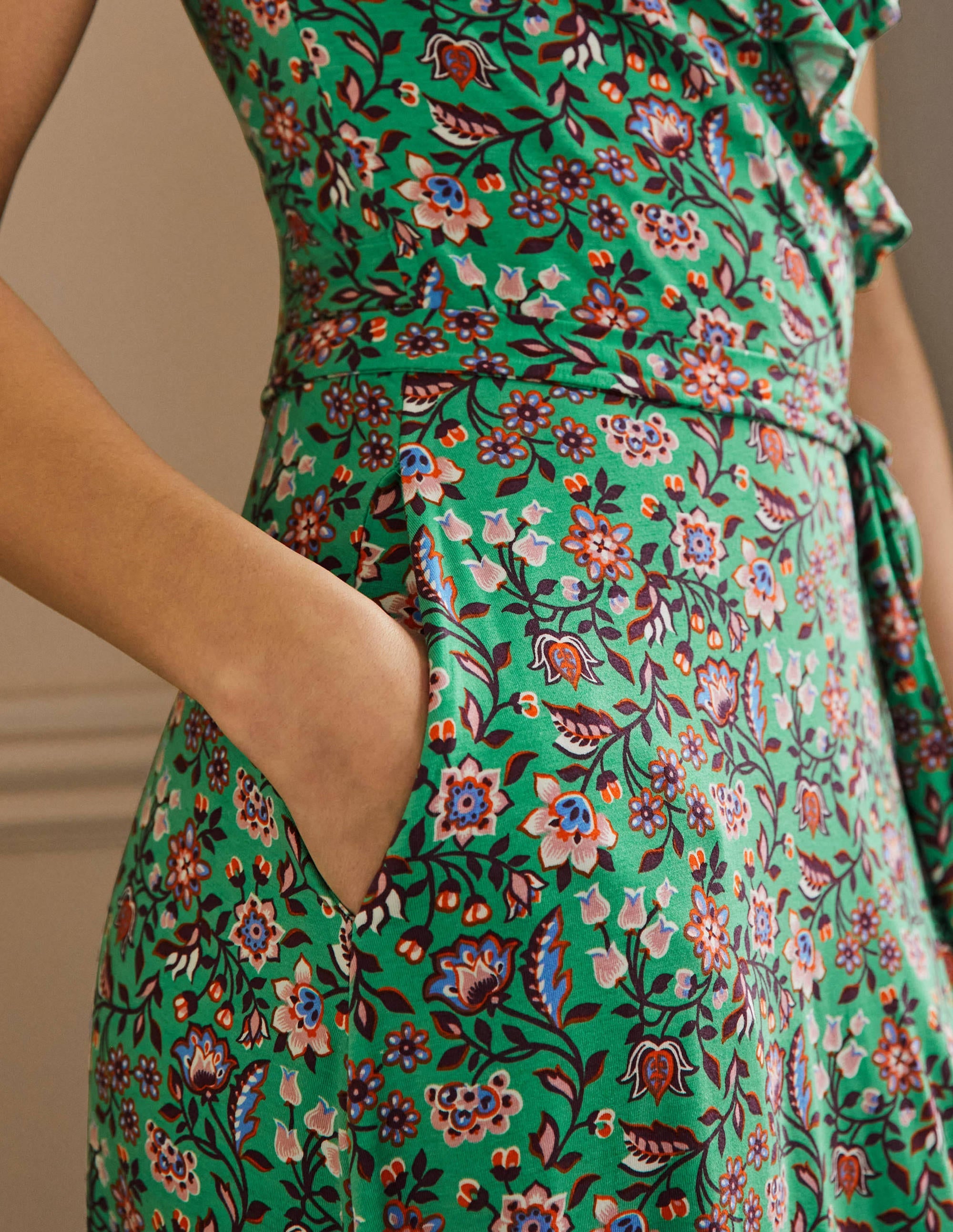 Robe portefeuille longue Saskia en jersey-Lagon vert, motif Oriental Meadow - Image 2