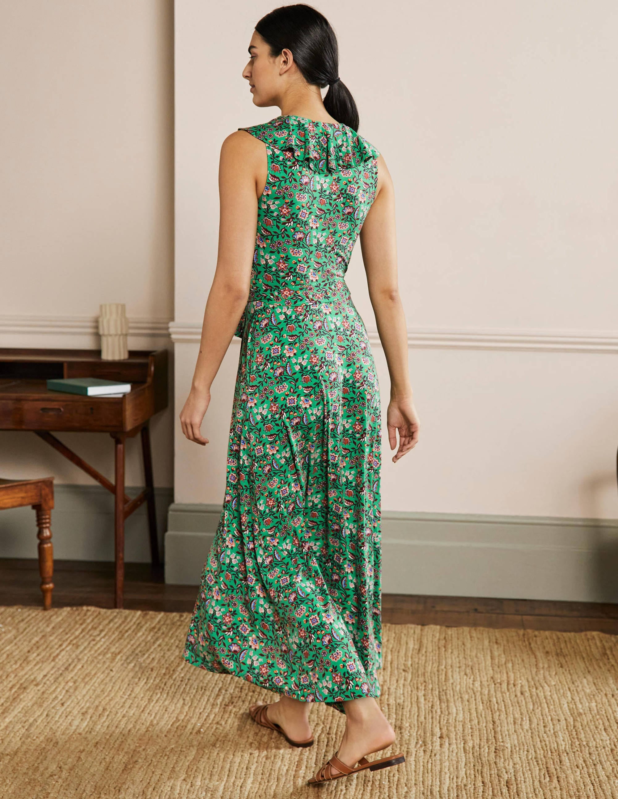 Robe portefeuille longue Saskia en jersey-Lagon vert, motif Oriental Meadow - Image 3