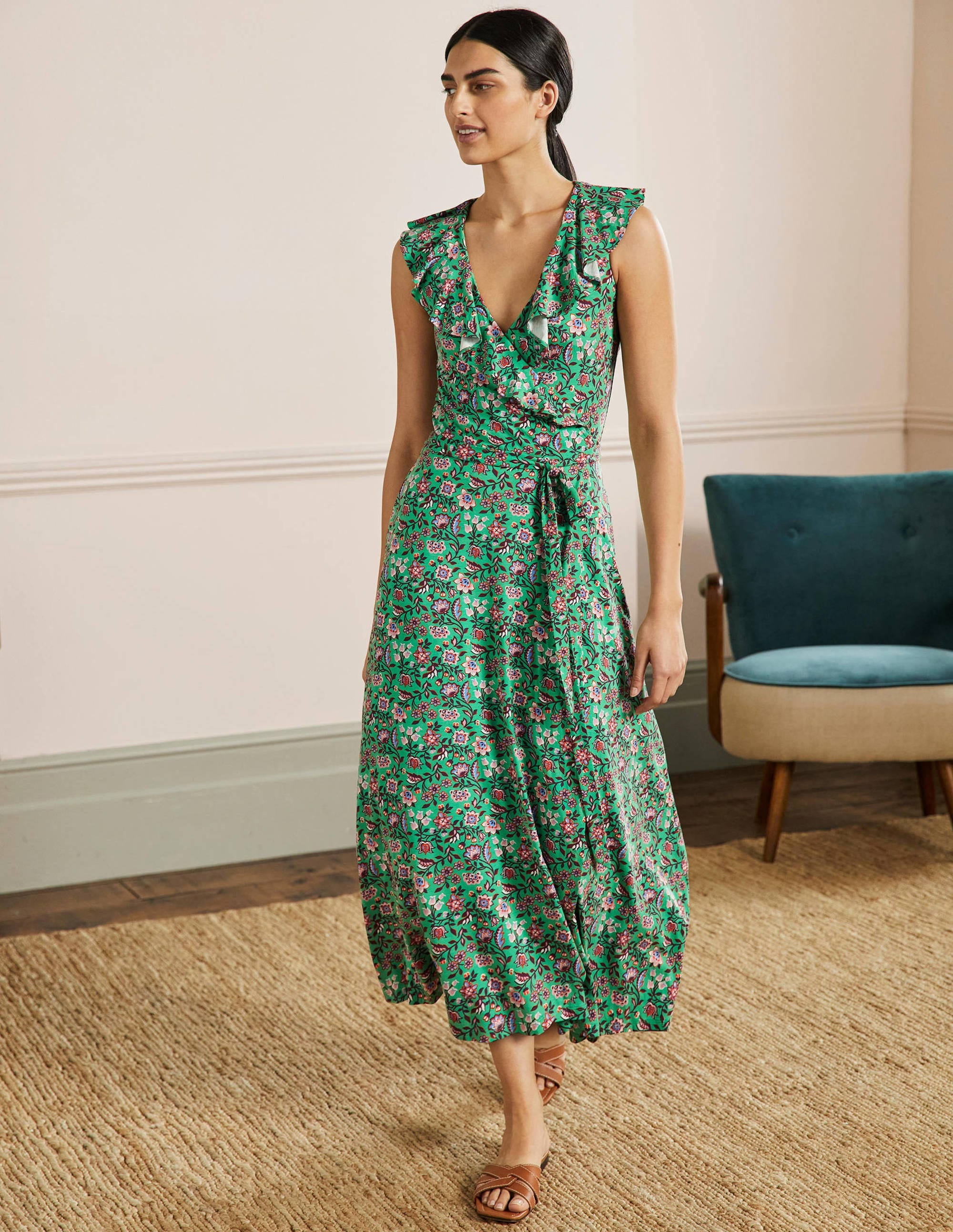 Robe portefeuille longue Saskia en jersey-Lagon vert, motif Oriental Meadow - Image 4