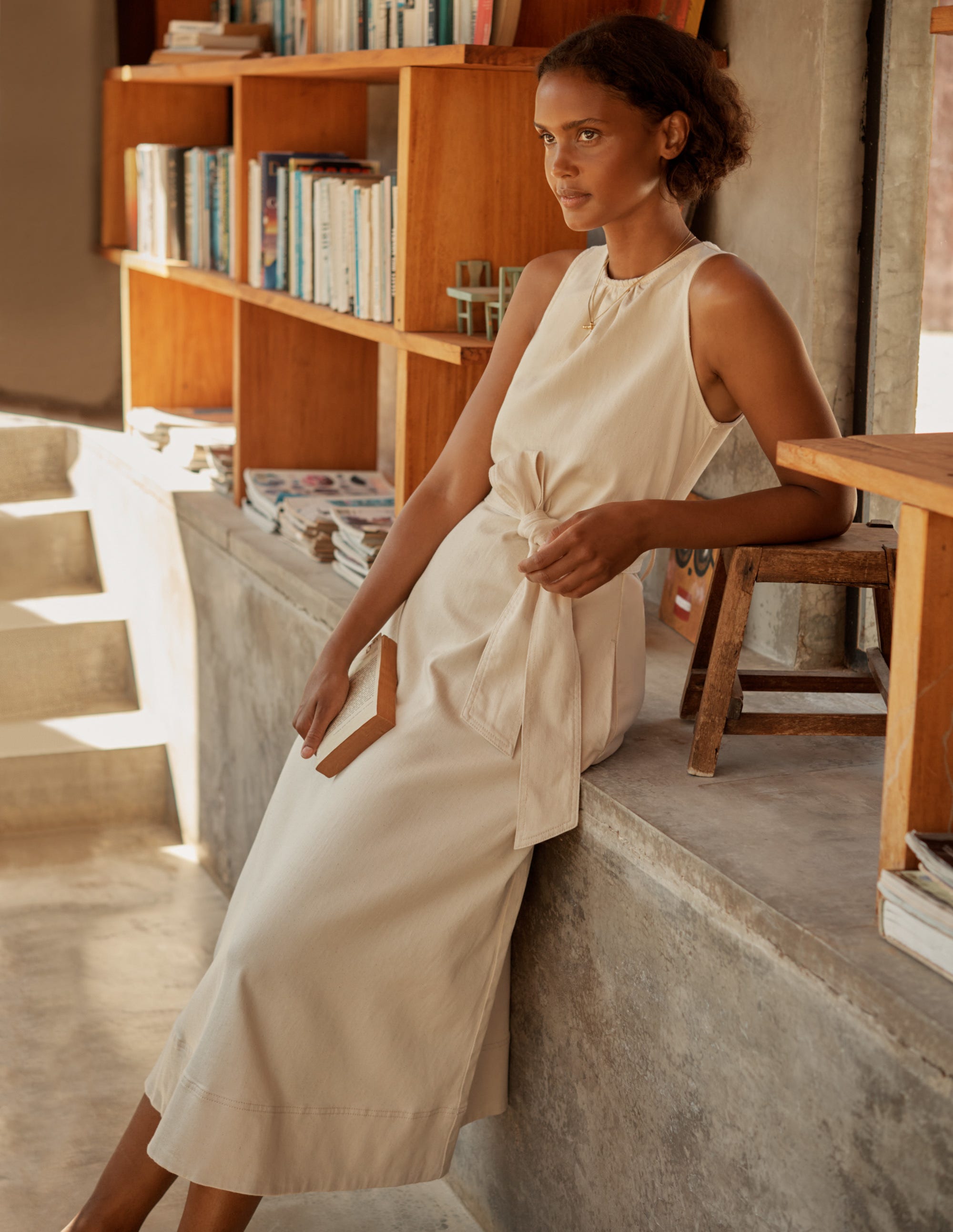 Robe midi sans manches à ceinture-Écru - Image 7
