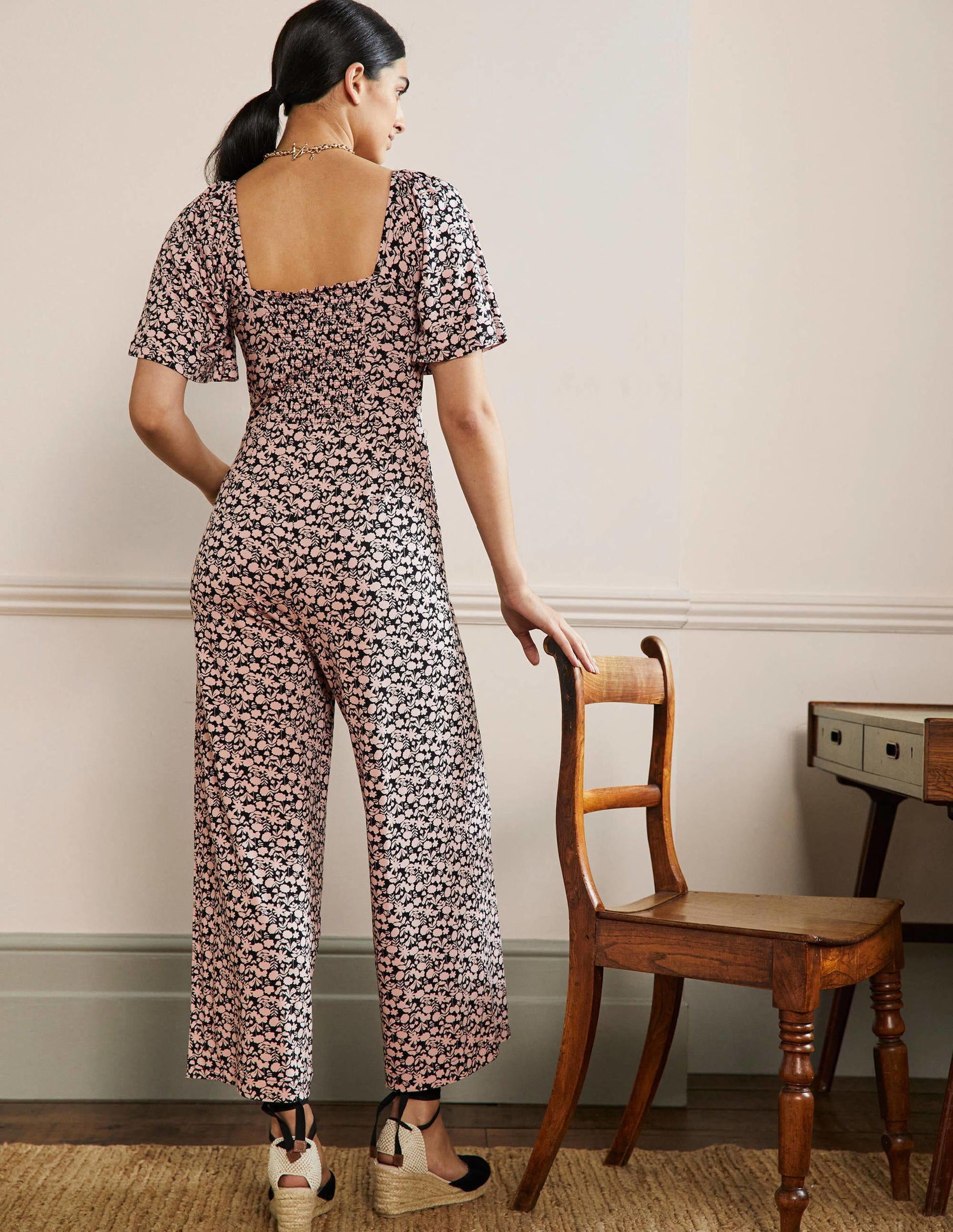 Flutter Sleeve Jersey Jumpsuit-MIlkshake, Flora Bloom-3