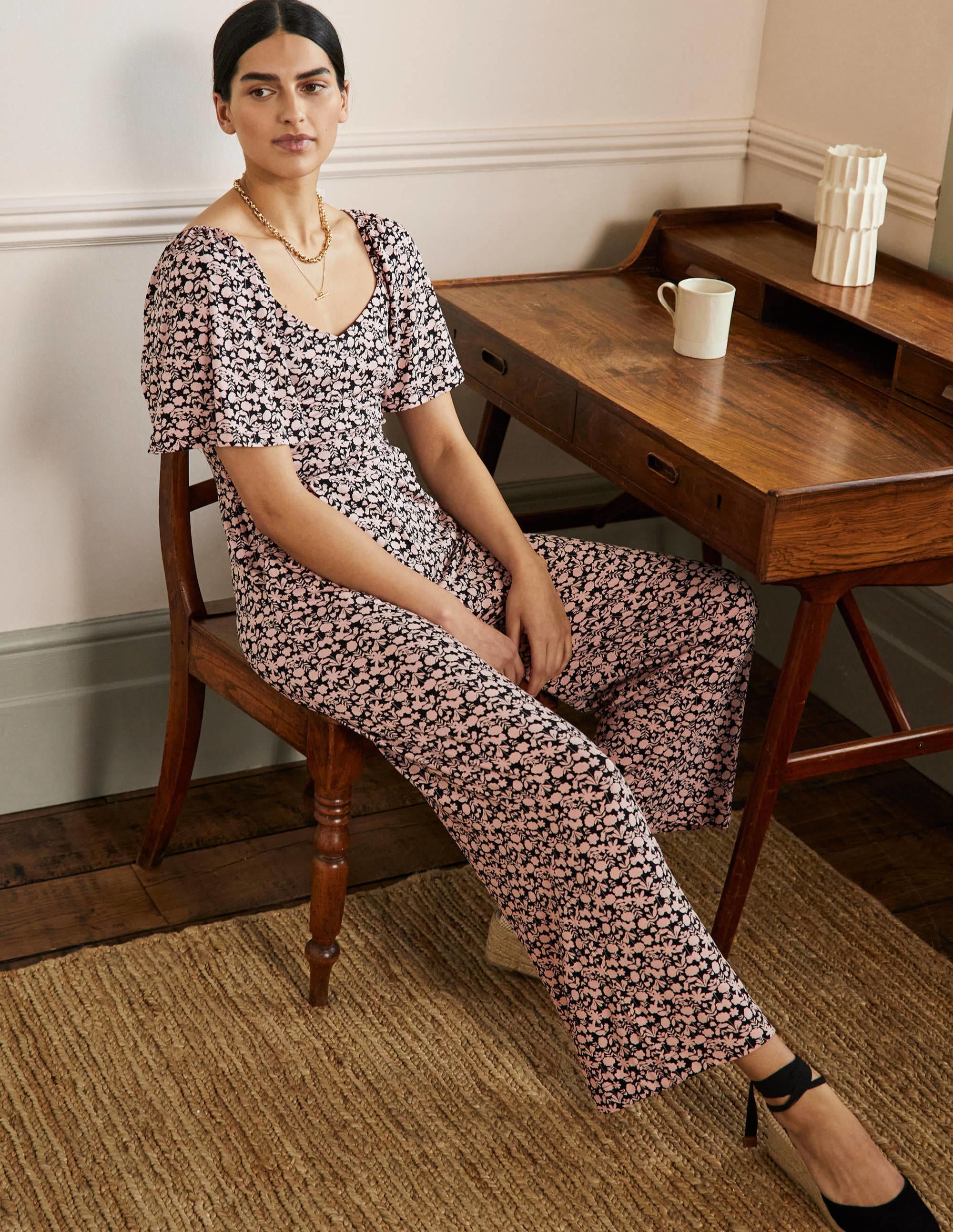 Flutter Sleeve Jersey Jumpsuit-MIlkshake, Flora Bloom - Image 4
