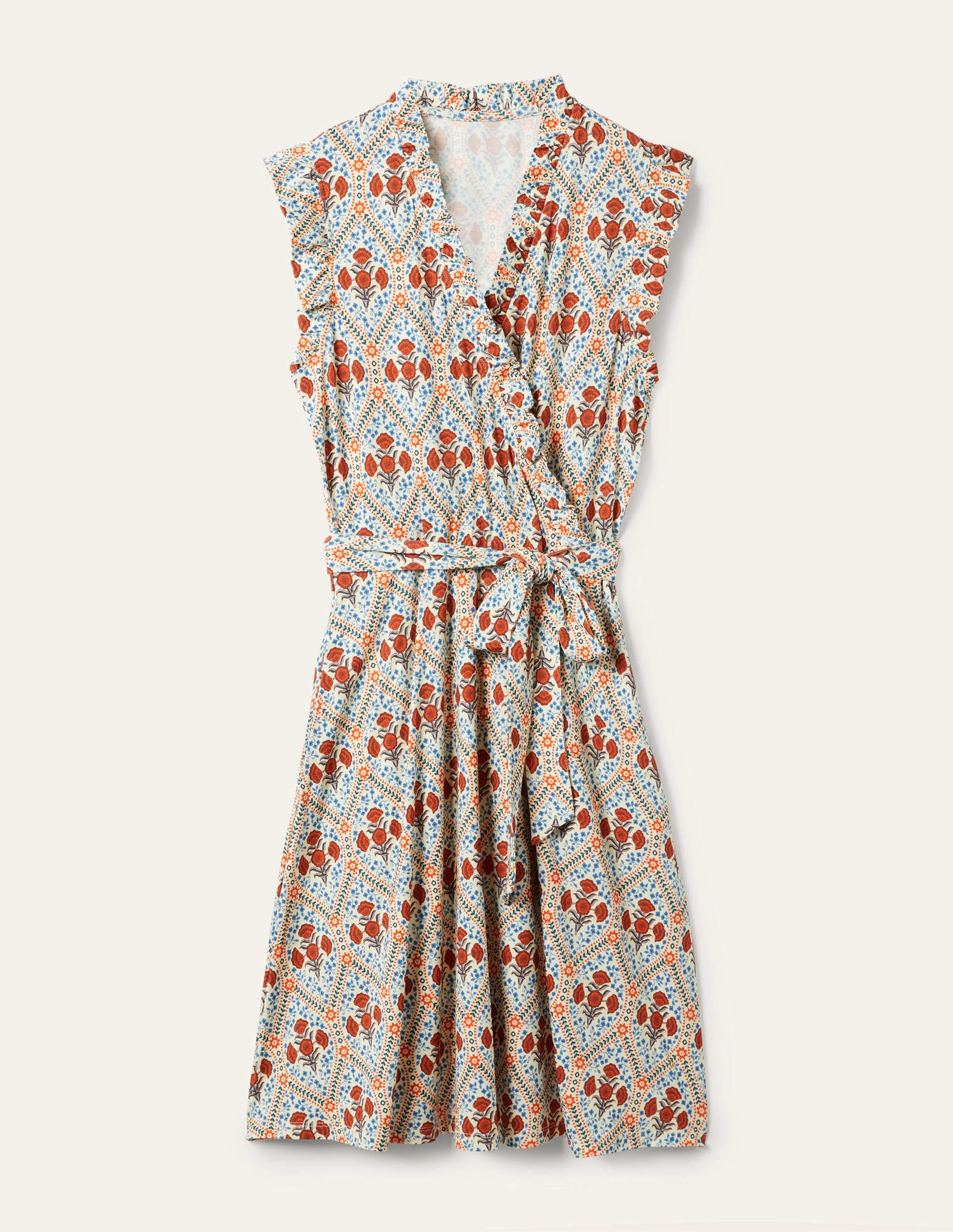 Jerseykleid mit fixierter Wickeloptik und Rüschen-Naturweiß, Mohnblumen - Image 6