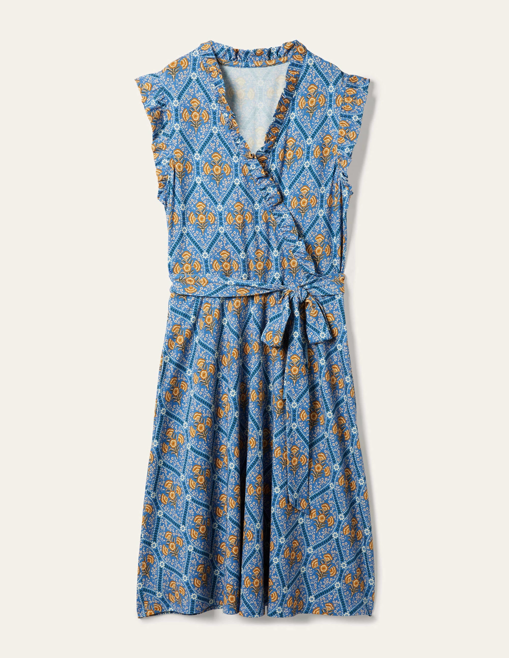 Jerseykleid mit fixierter Wickeloptik und Rüschen-Mosaikblau, Mohnblumen - Image 5