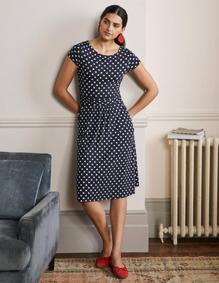 Amelie Jerseykleid-Navy, Getupft