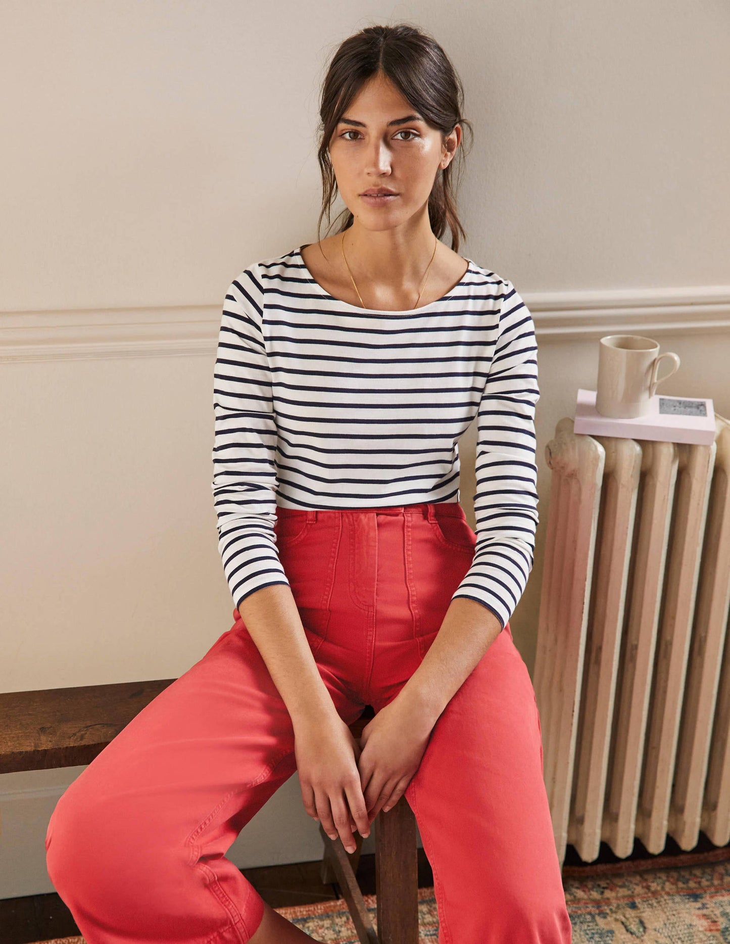 Langärmliges Bretonshirt-Naturweiß/Navy, Gestreift