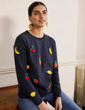Gemustertes Sweatshirt aus Baumwolle-Navy, Bouclé-Früchtemotiv