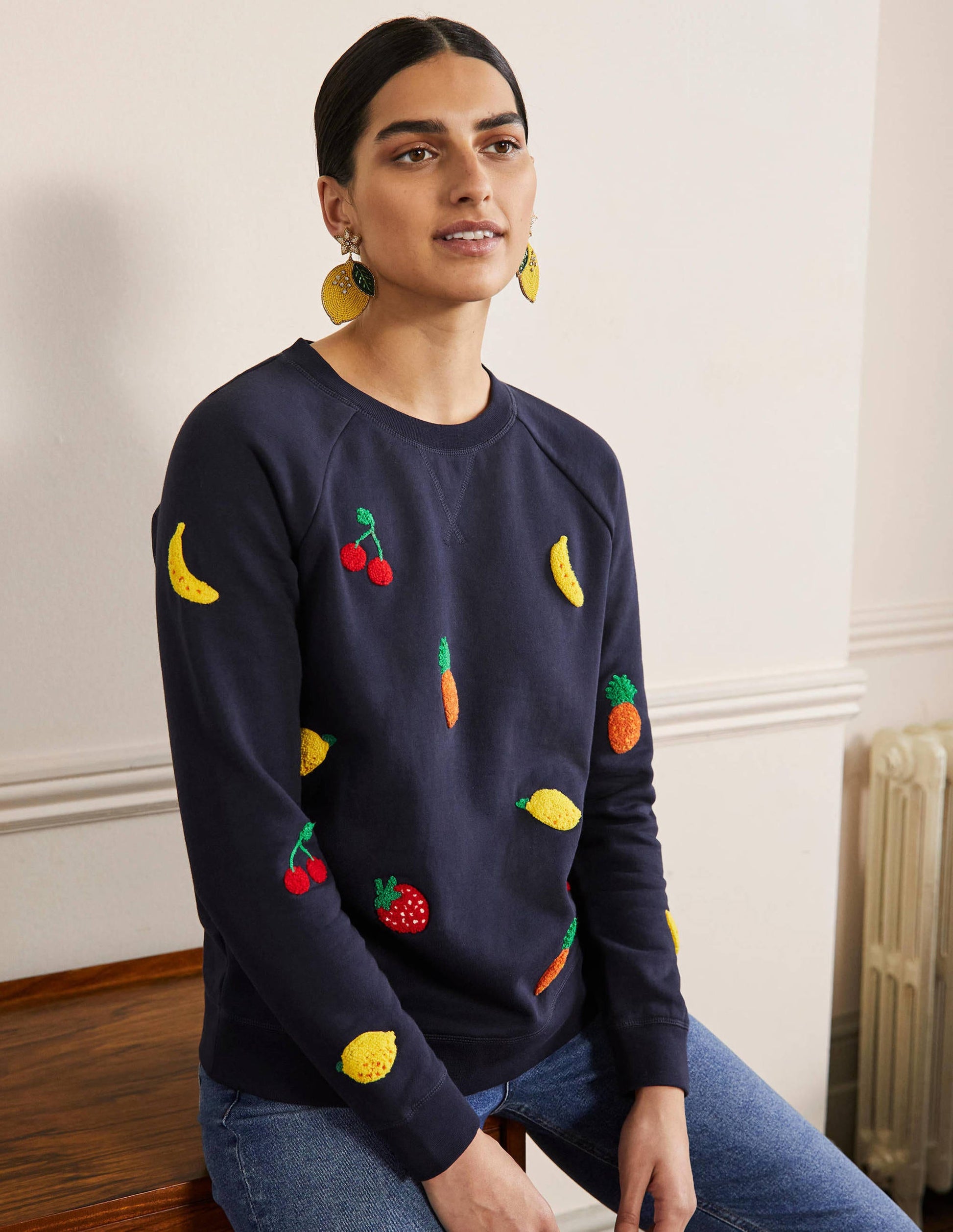 Gemustertes Sweatshirt aus Baumwolle-Navy, Bouclé-Früchtemotiv-1