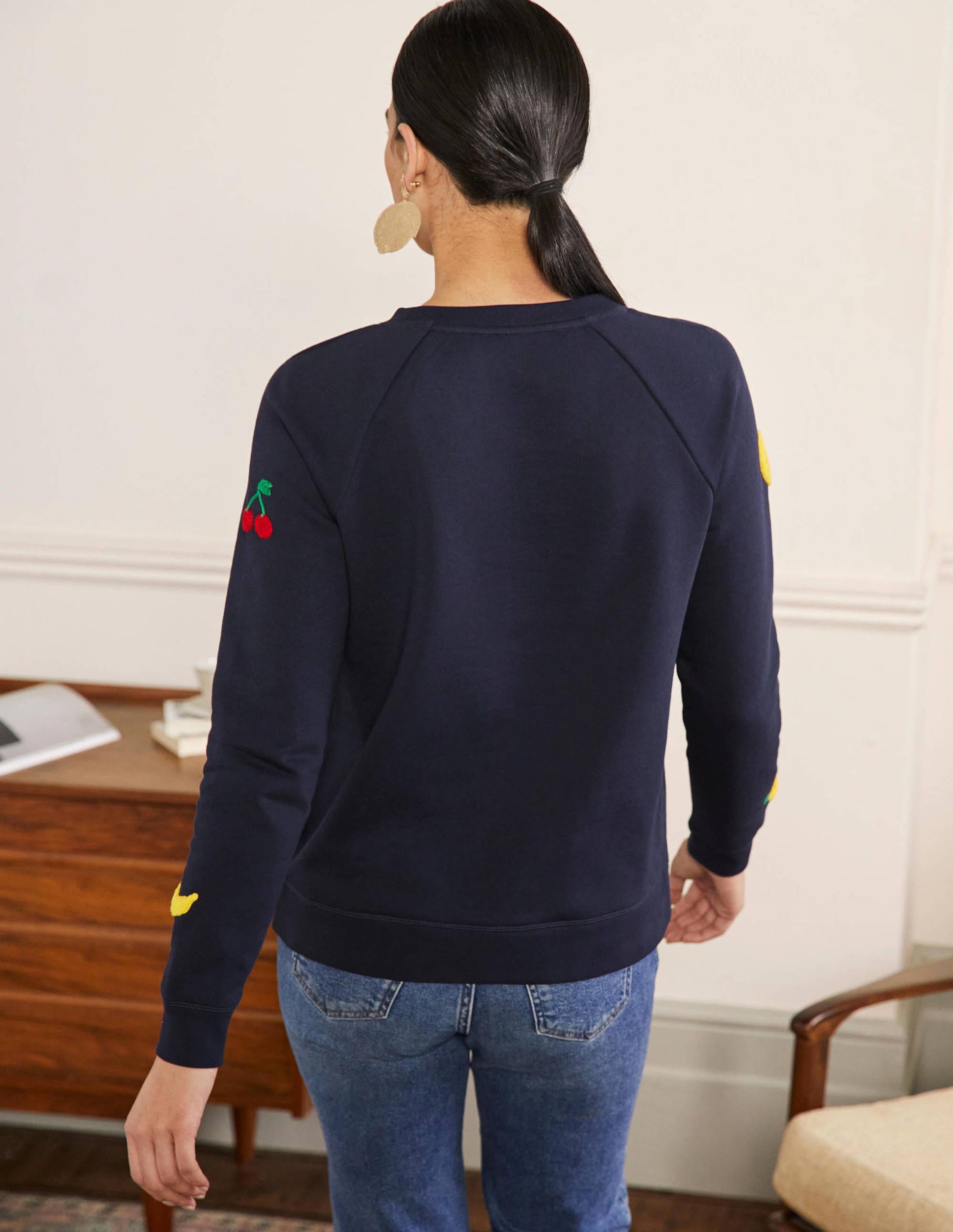 Gemustertes Sweatshirt aus Baumwolle-Navy, Bouclé-Früchtemotiv-3