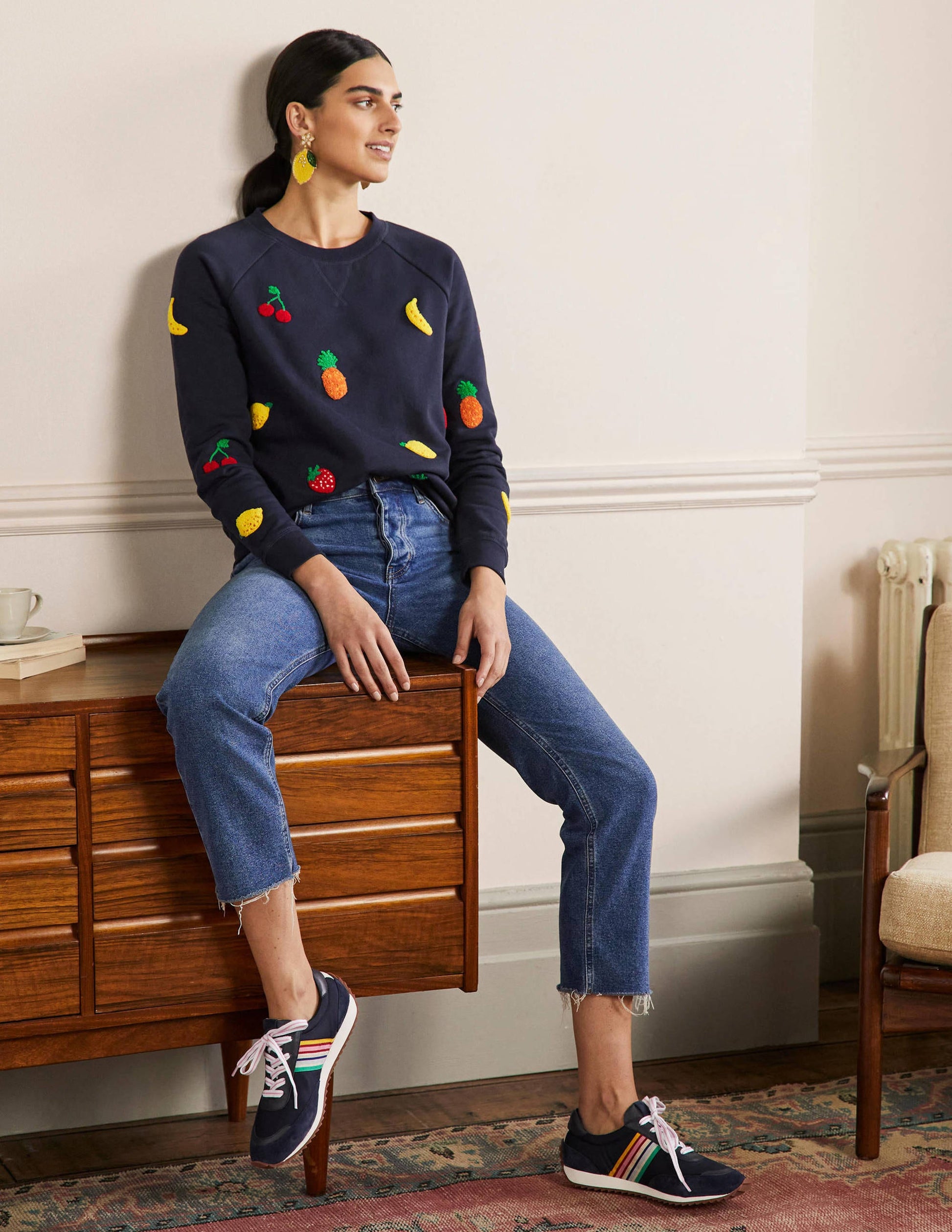 Gemustertes Sweatshirt aus Baumwolle-Navy, Bouclé-Früchtemotiv-4