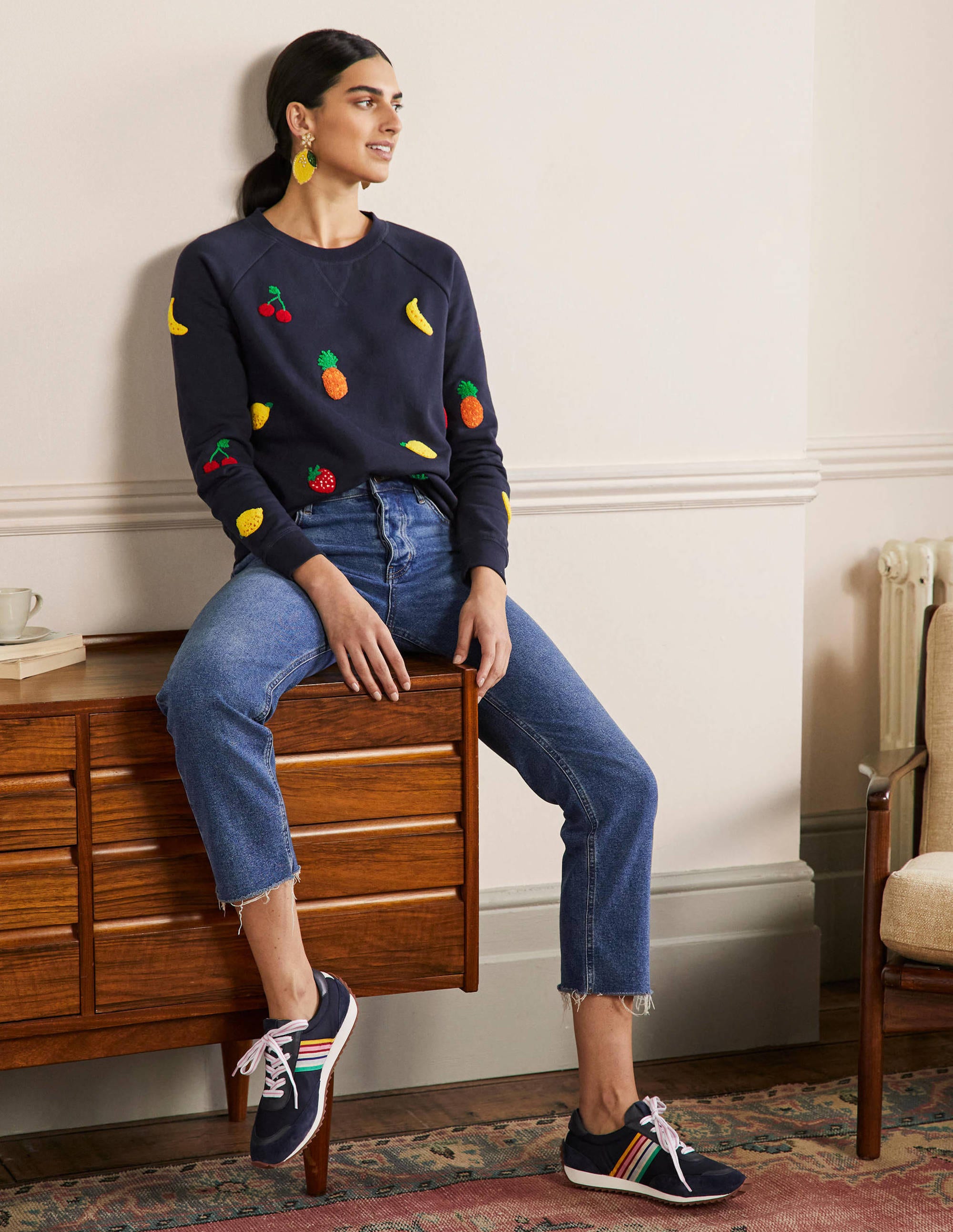 Gemustertes Sweatshirt aus Baumwolle-Navy, Bouclé-Früchtemotiv - Image 4