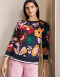Sweat en coton imprimé-Motif Flora Bloom bleu marine