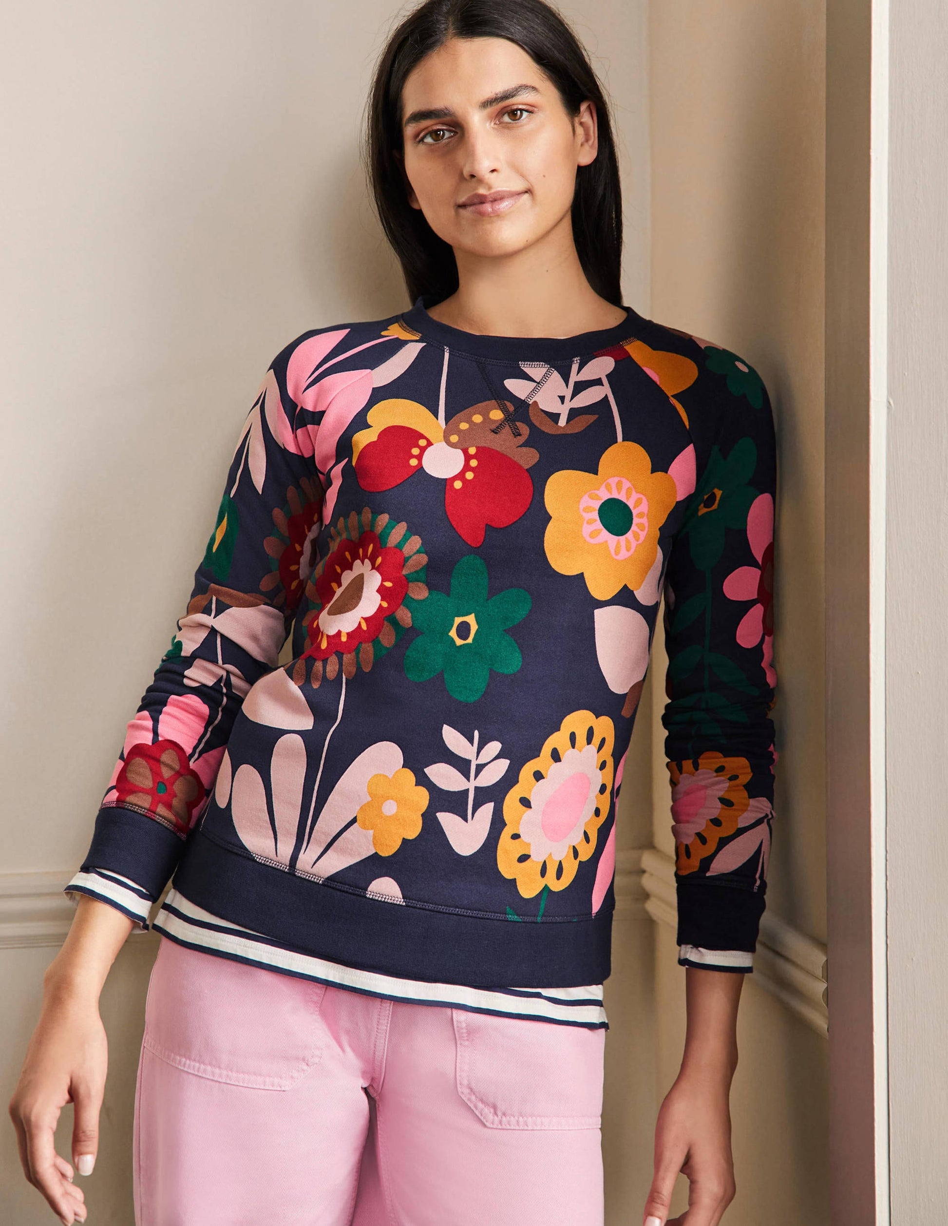 Sweat en coton imprimé-Motif Flora Bloom bleu marine-1