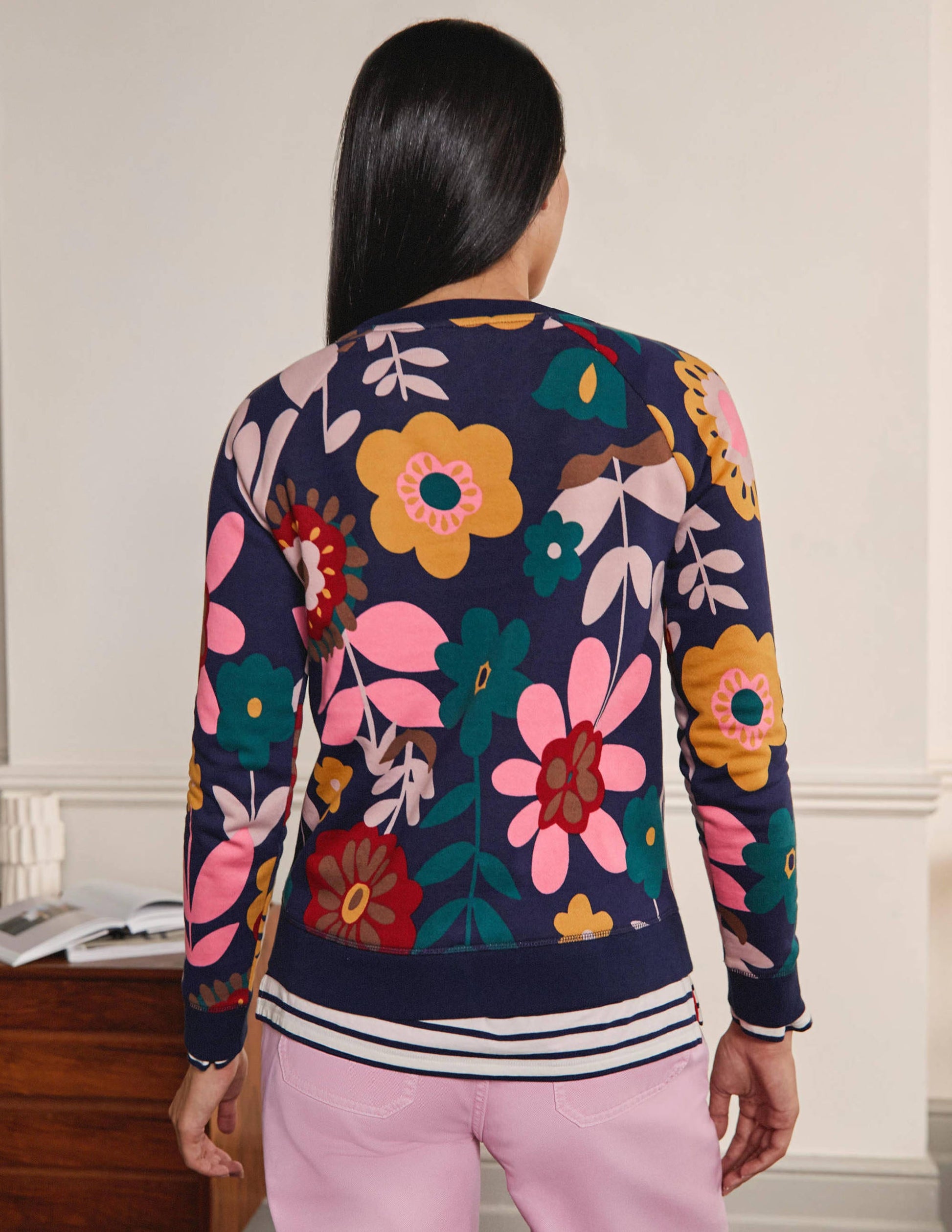 Sweat en coton imprimé-Motif Flora Bloom bleu marine-3