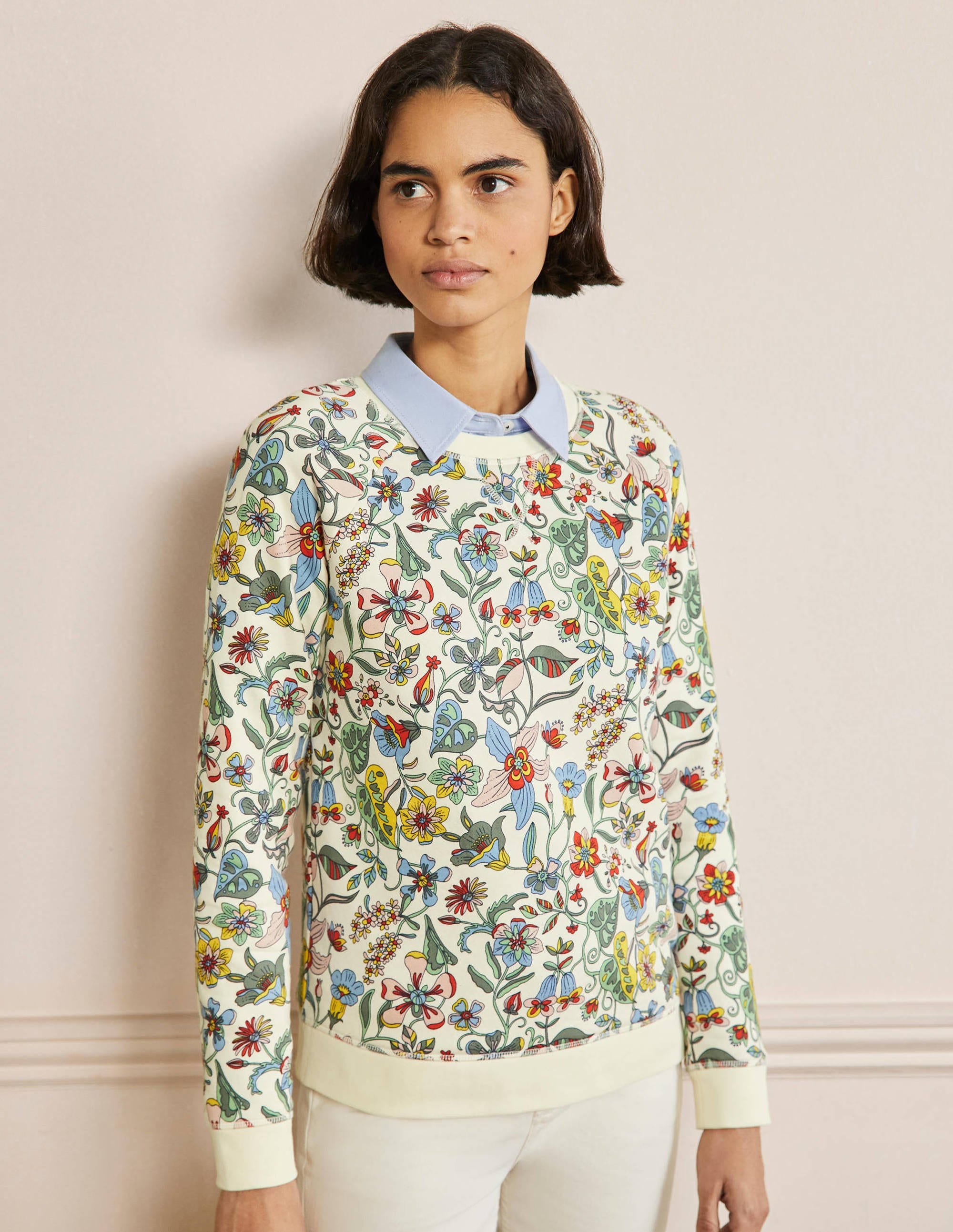 Gemustertes Sweatshirt aus Baumwolle-Naturweiß, Tropisches Blumenmuster - Image 1