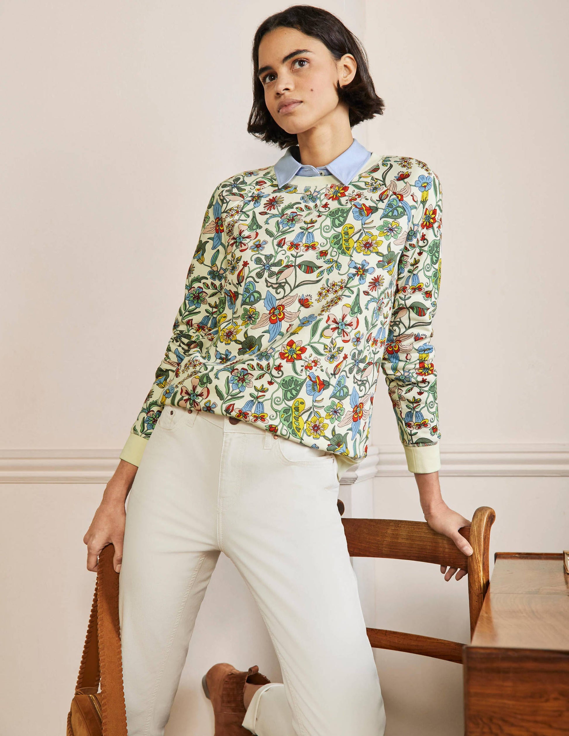 Gemustertes Sweatshirt aus Baumwolle-Naturweiß, Tropisches Blumenmuster-4
