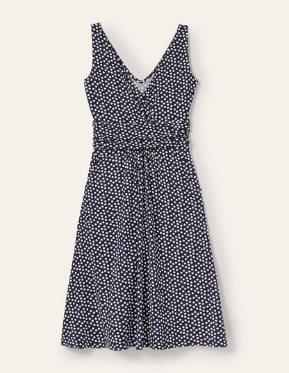 Effie Jerseykleid mit V-Ausschnitt-Französisches Navy, Verstreute Tupfen