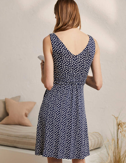 Effie Jerseykleid mit V-Ausschnitt-Französisches Navy, Verstreute Tupfen