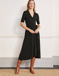 Lavinia Jersey Wrap Dress-Black, Polka Dot