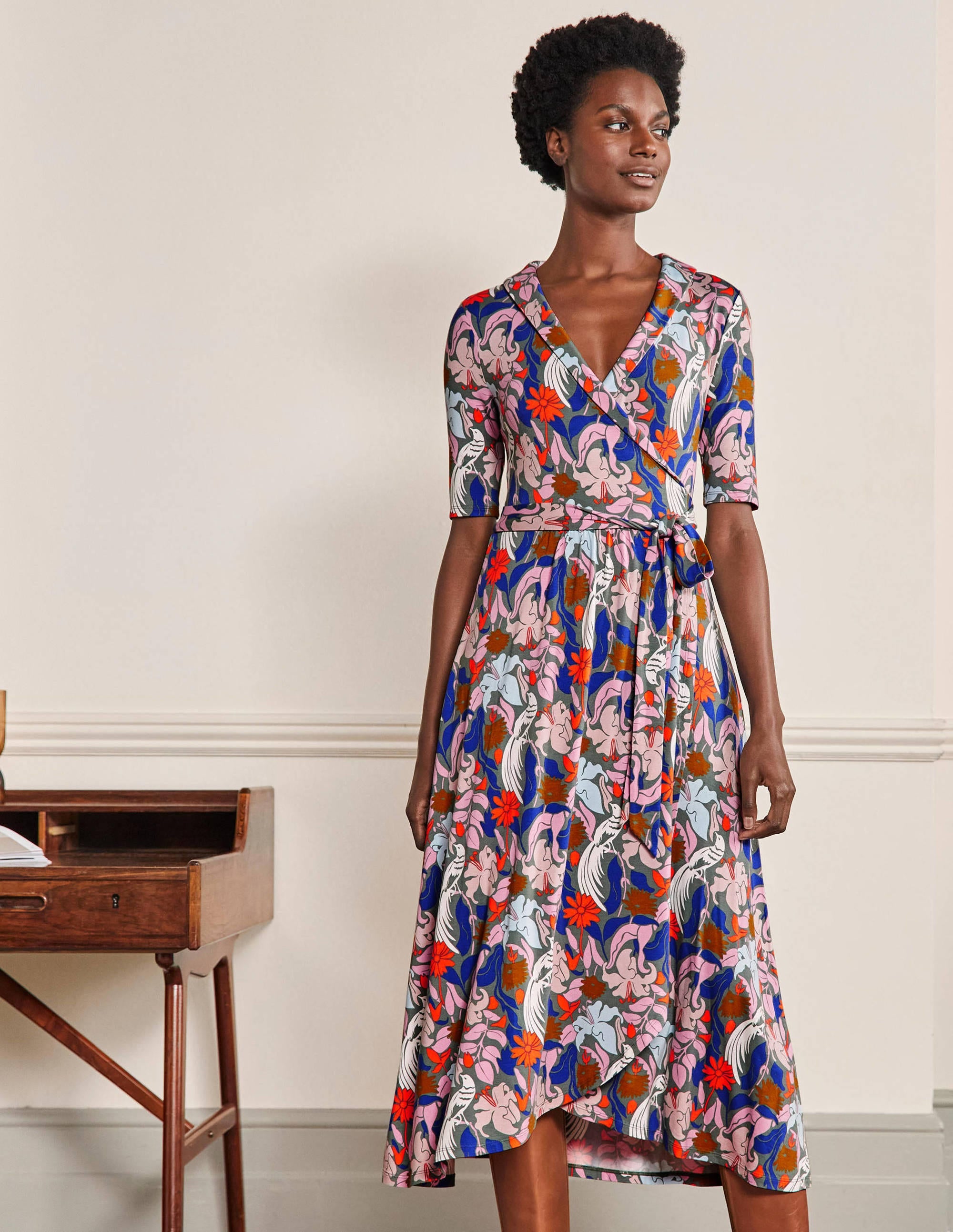 Lavinia Jersey Wrap Dress-Alder, Oriental Bird - Image 1