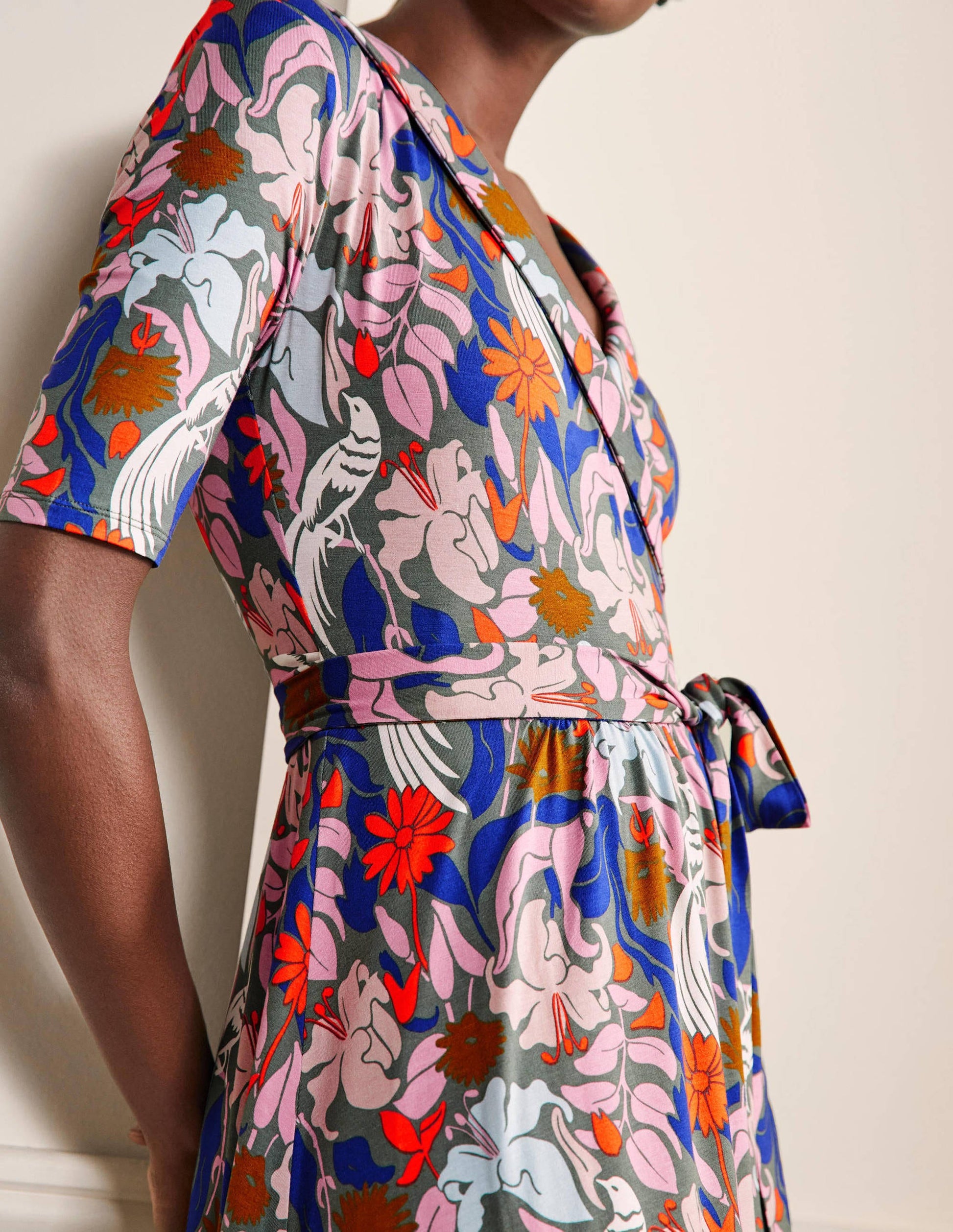 Lavinia Jersey Wrap Dress-Alder, Oriental Bird-2