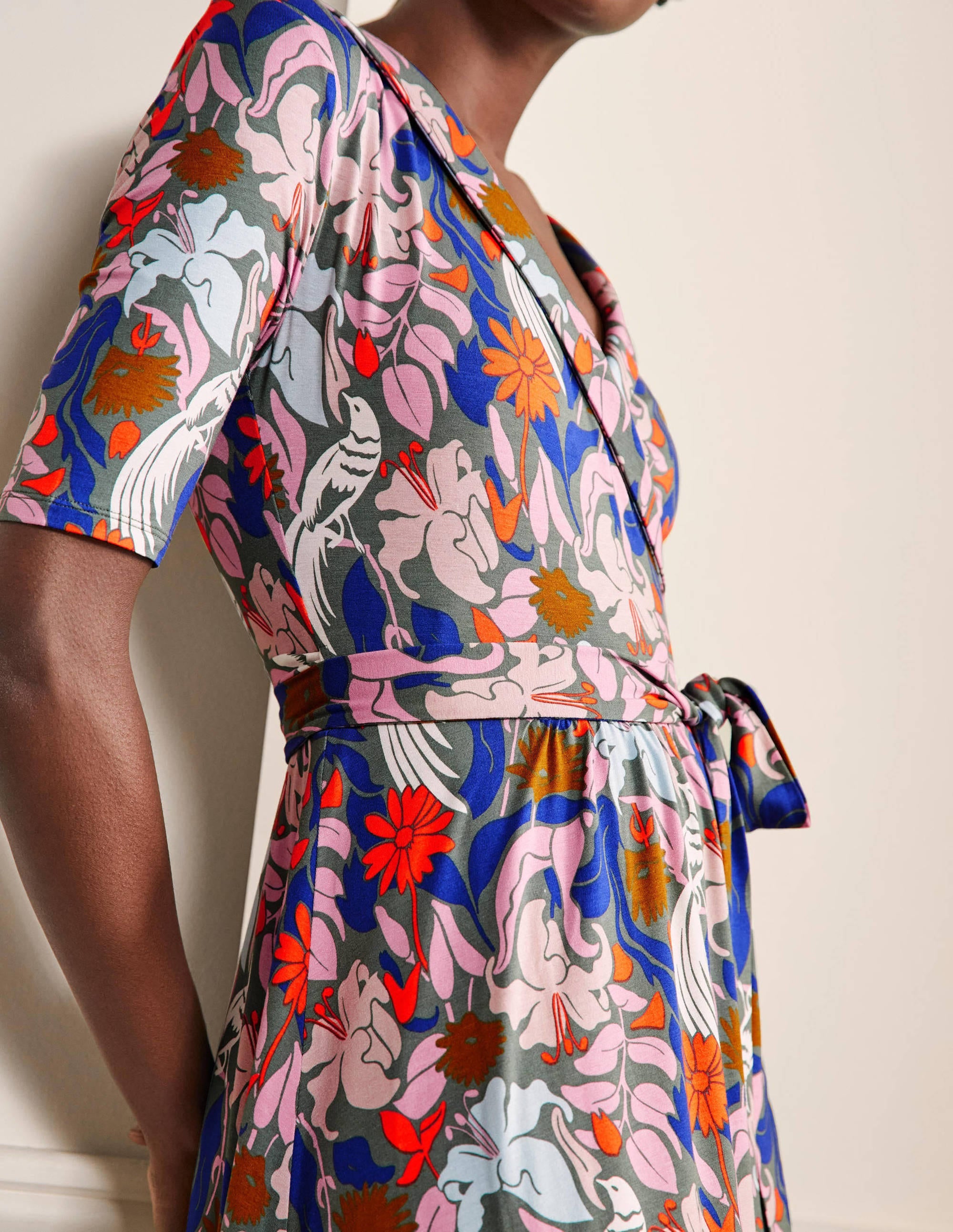 Lavinia Jersey Wrap Dress-Alder, Oriental Bird - Image 2