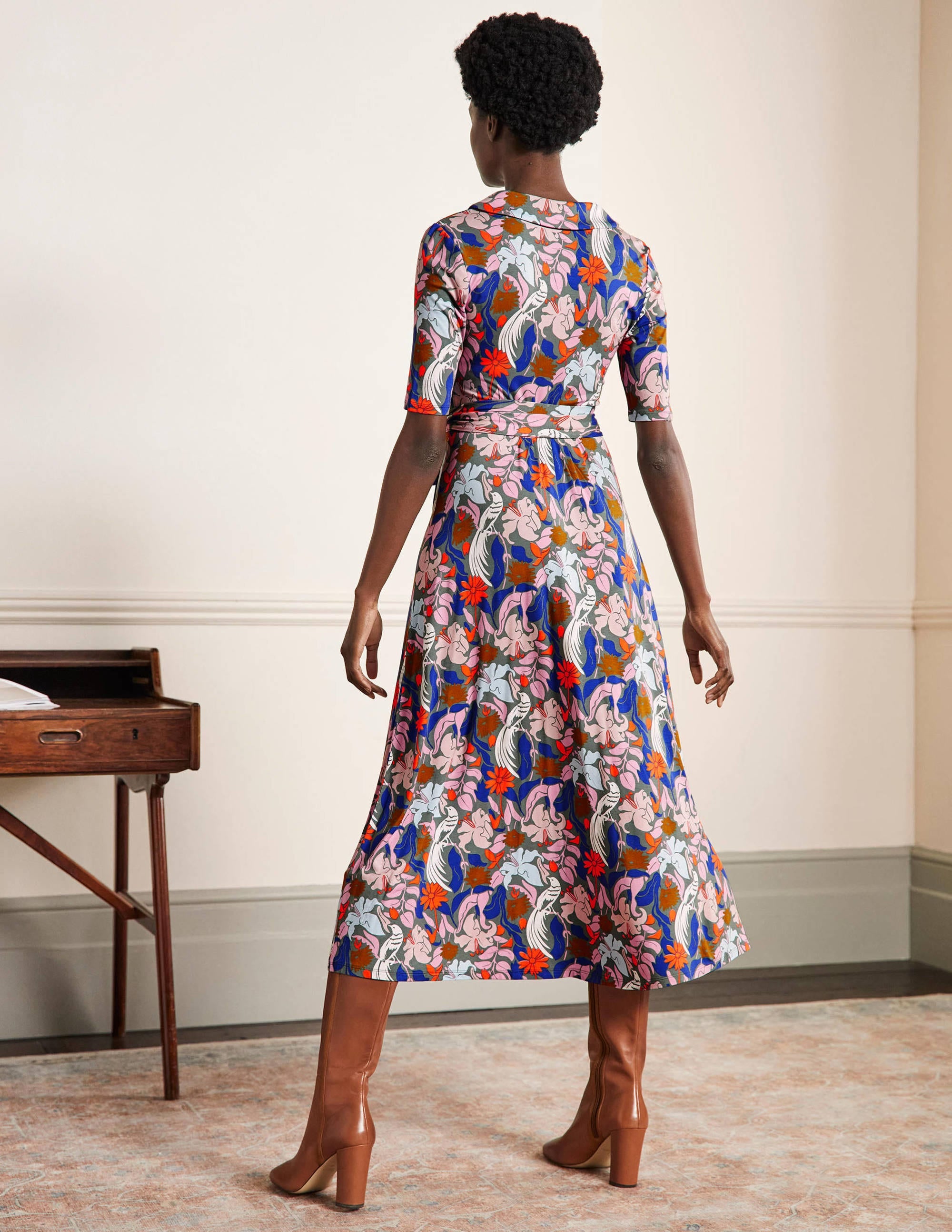 Lavinia Jersey Wrap Dress-Alder, Oriental Bird - Image 3
