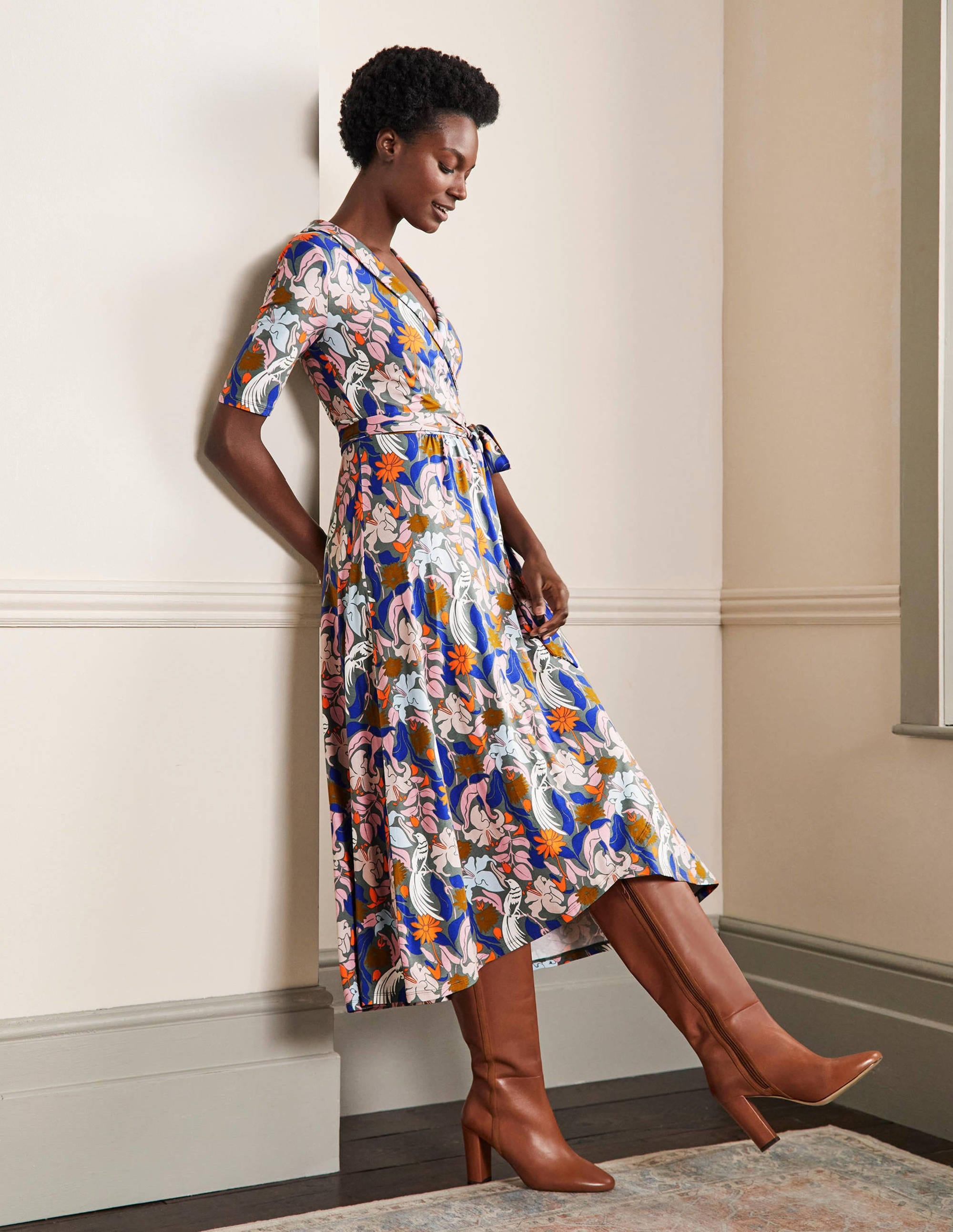 Lavinia Jersey Wrap Dress-Alder, Oriental Bird - Image 4