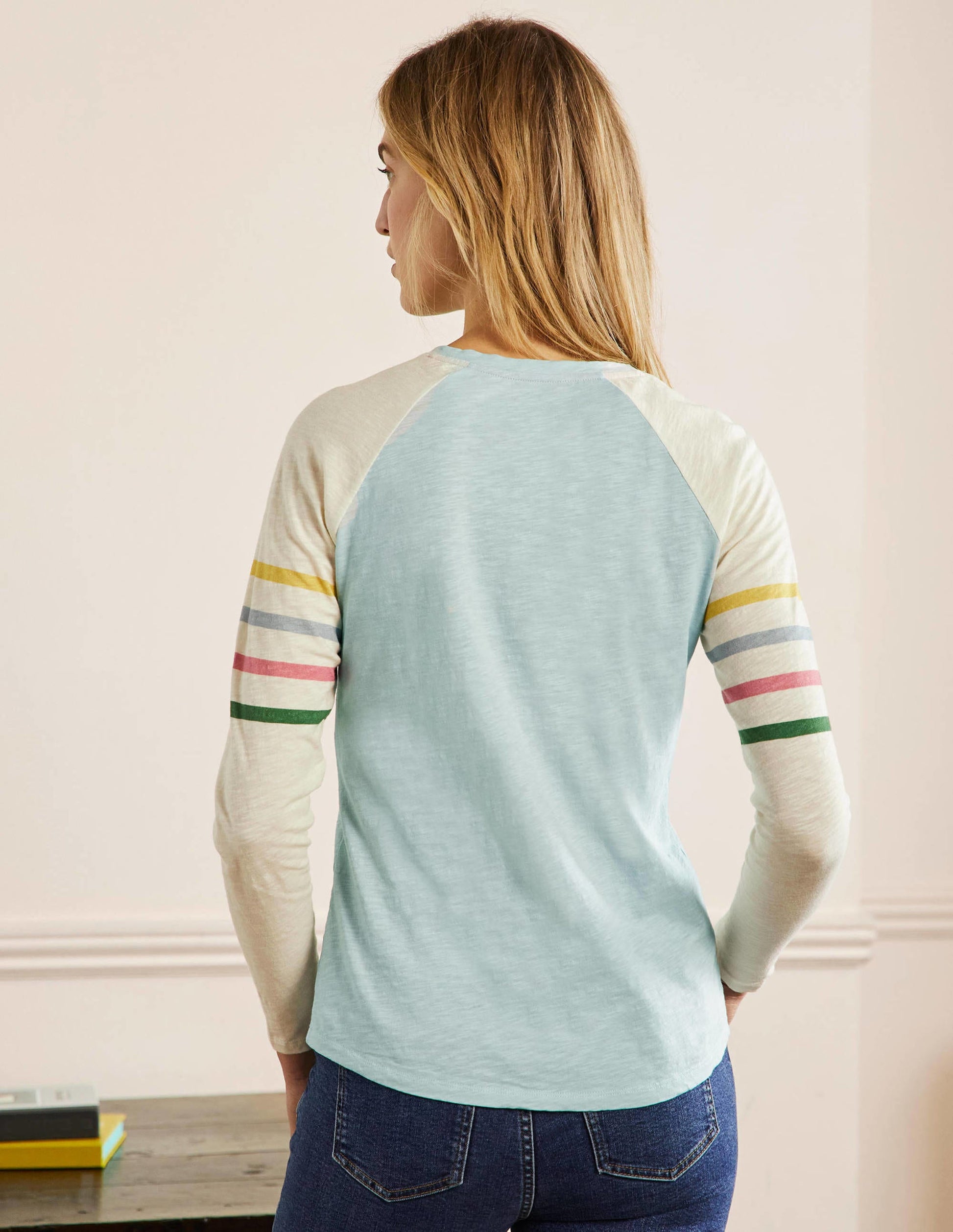T-shirt de baseball Lorna en jersey-Bleu, rayé multi sur les bras-1