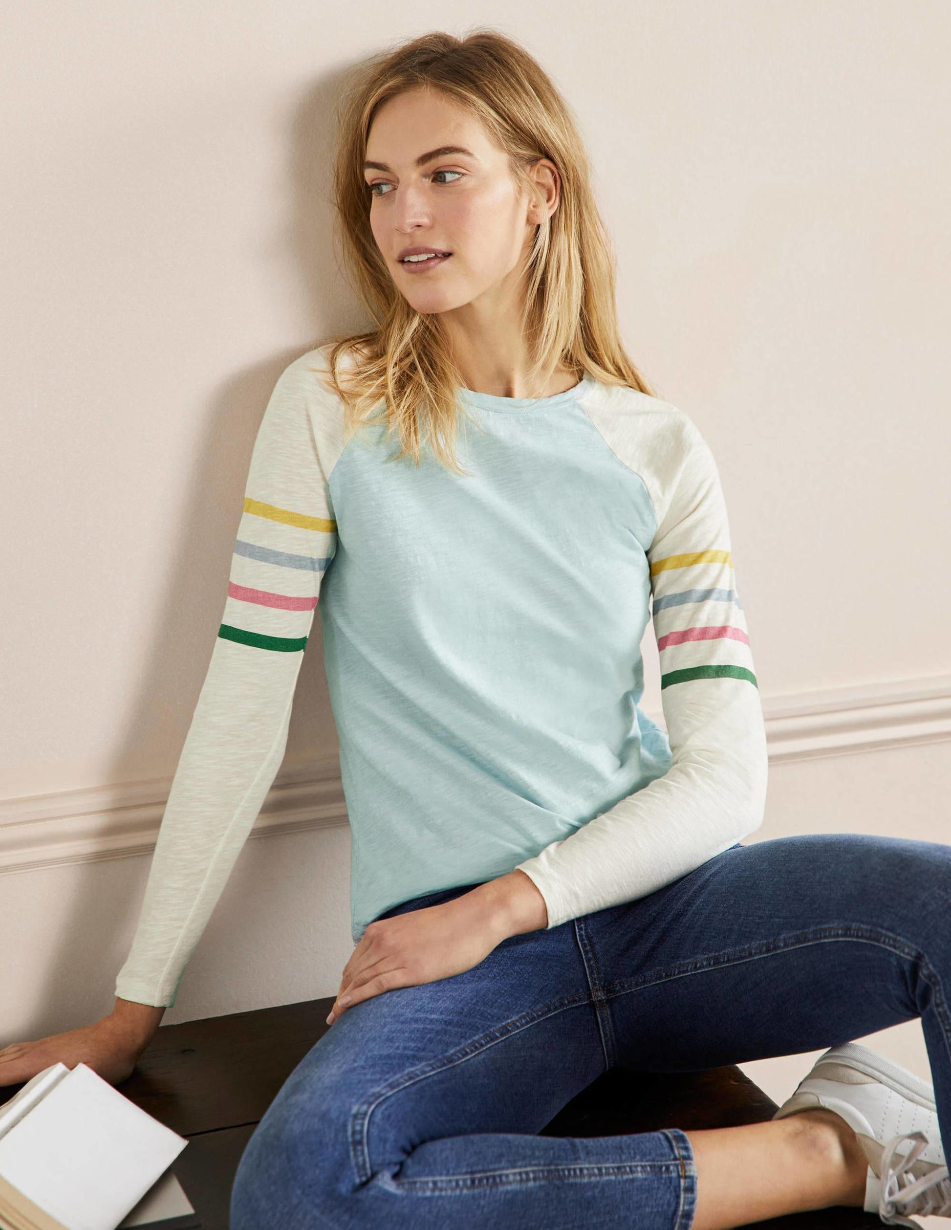 T-shirt de baseball Lorna en jersey-Bleu, rayé multi sur les bras-4