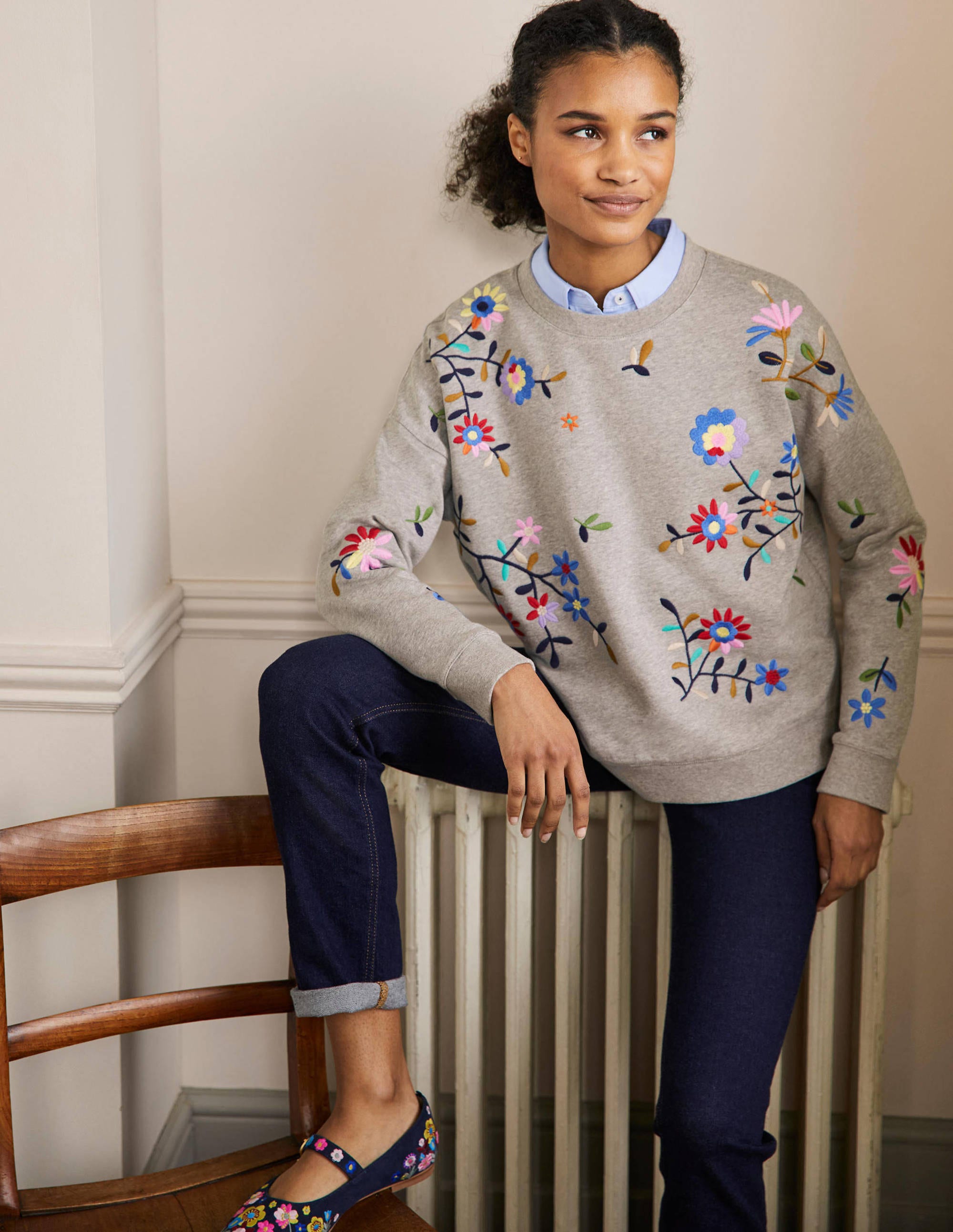 Sweat original-Gris chiné, broderies multi - Image 1