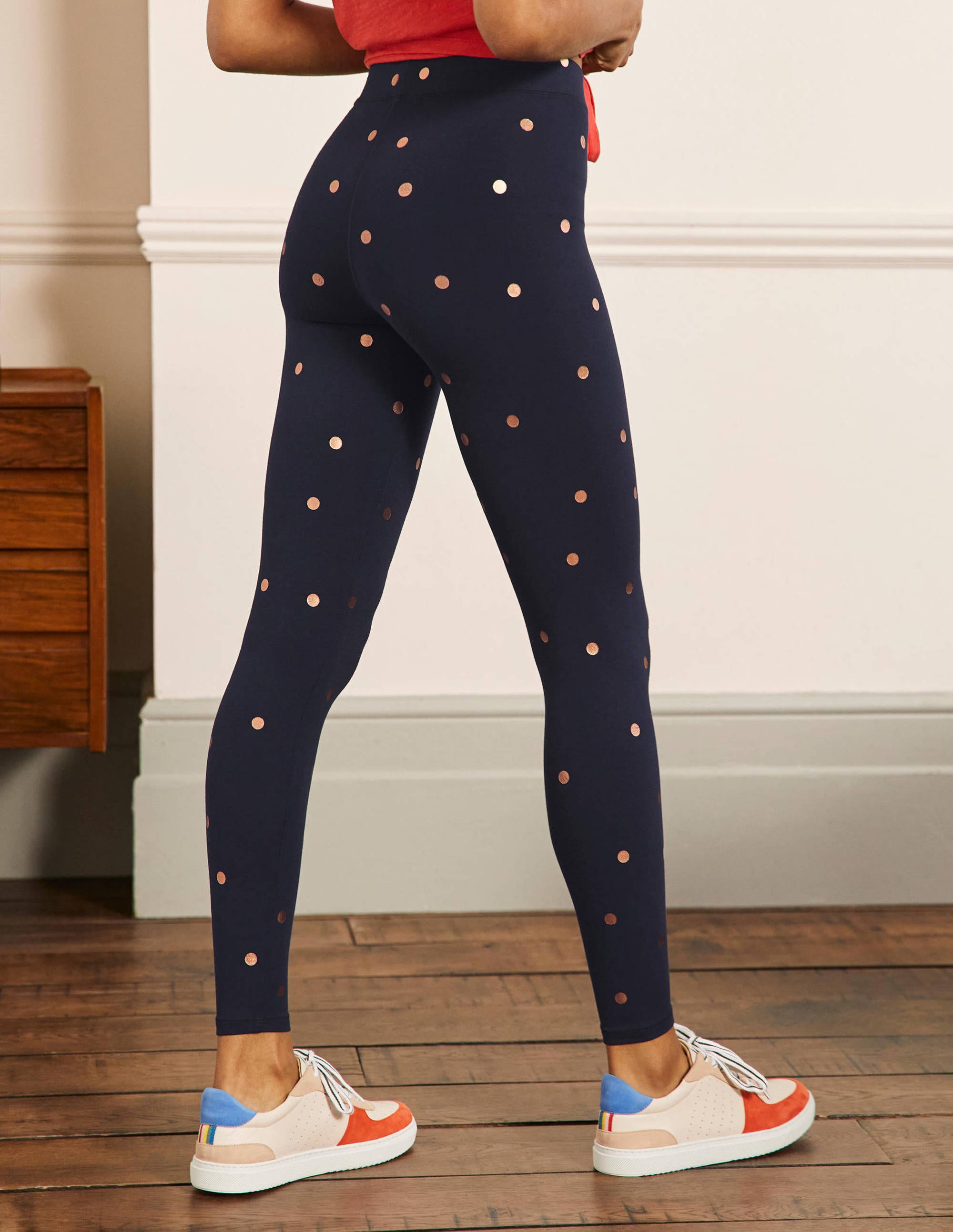 High Rise Jersey Leggings-Navy and Gold, Polka Dot - Image 3