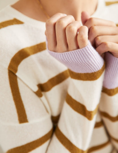 Gestreifter Kaschmirpullover-Naturweiß Melange, Gestreift